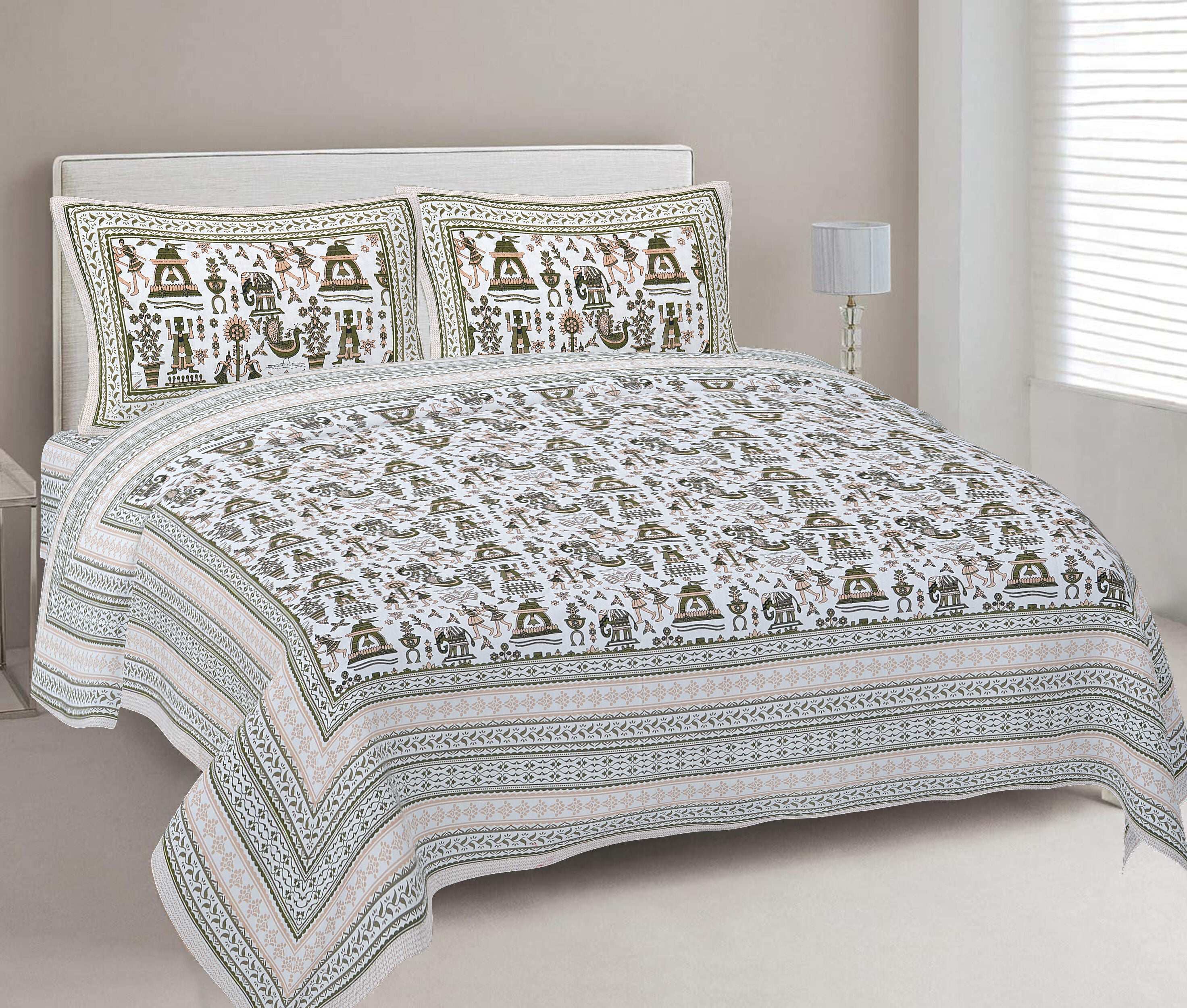 Rudra Bazaar Olive 210 TC Cotton Double King Bedsheet With 2 Pillow Covers - Distacart