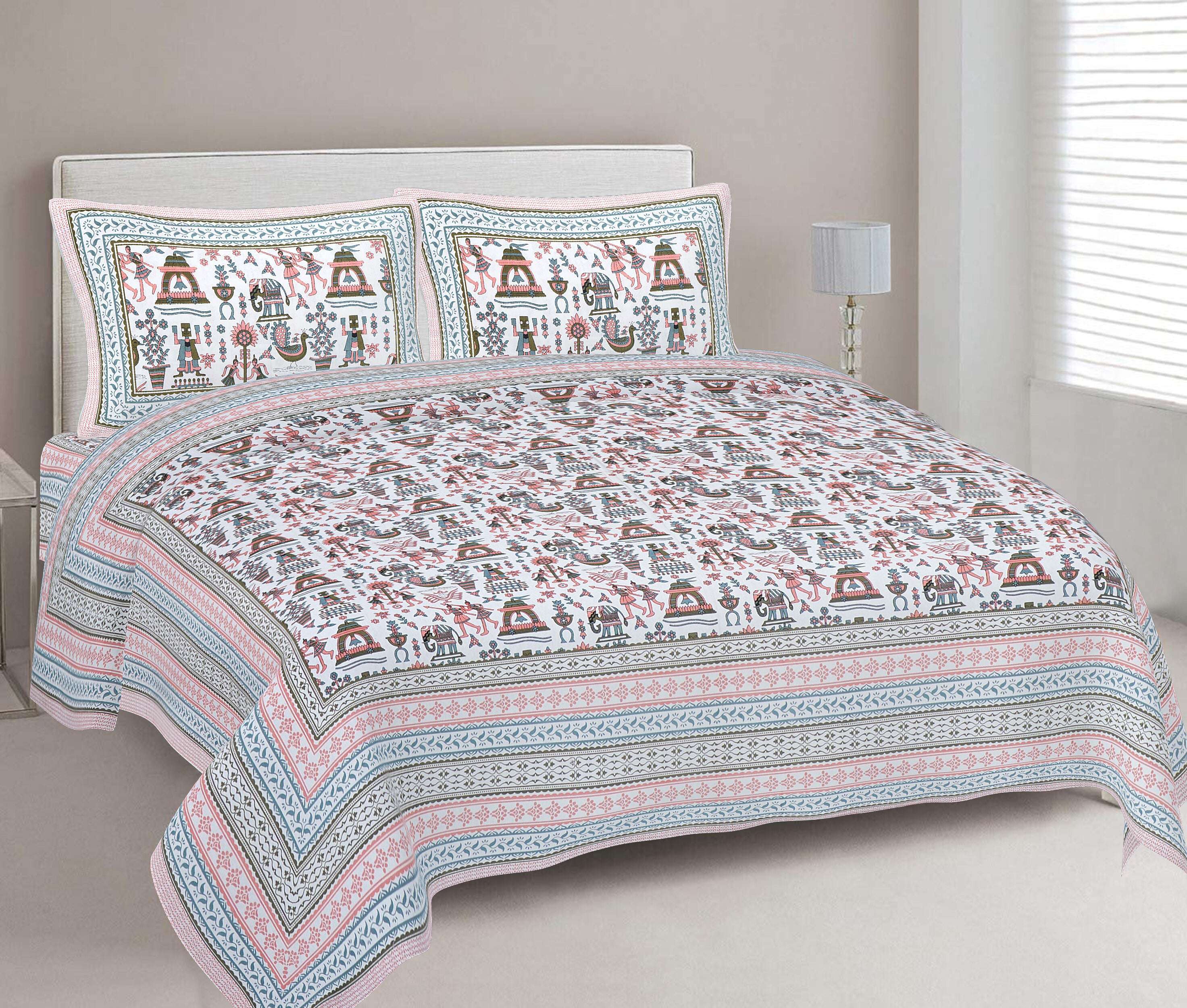 Rudra Bazaar Orange Turquise 210 TC Cotton Double King Bedsheet With 2 Pillow Covers - Distacart