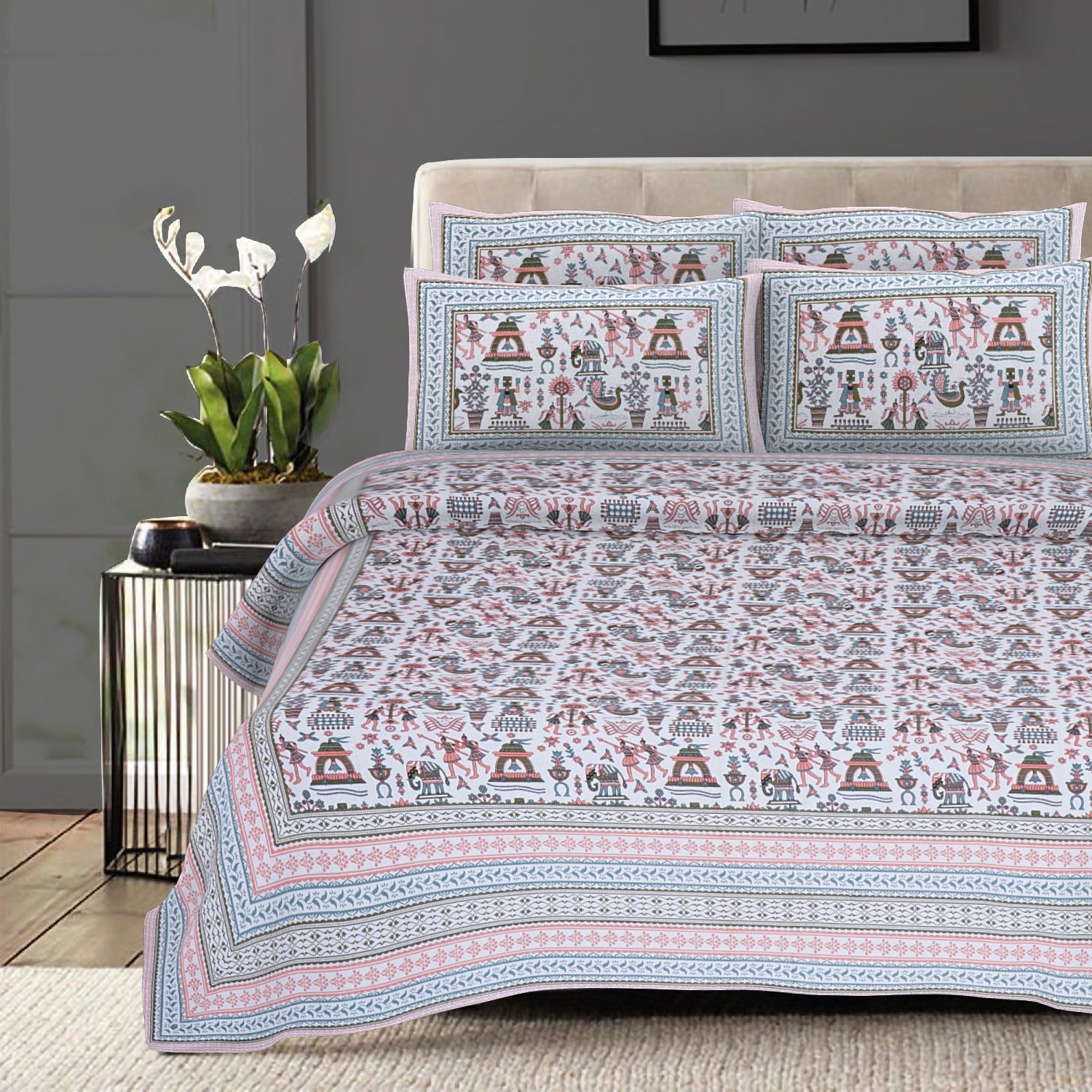 Rudra Bazaar Orange Turquise 210 TC Cotton Double King Bedsheet With 2 Pillow Covers - Distacart