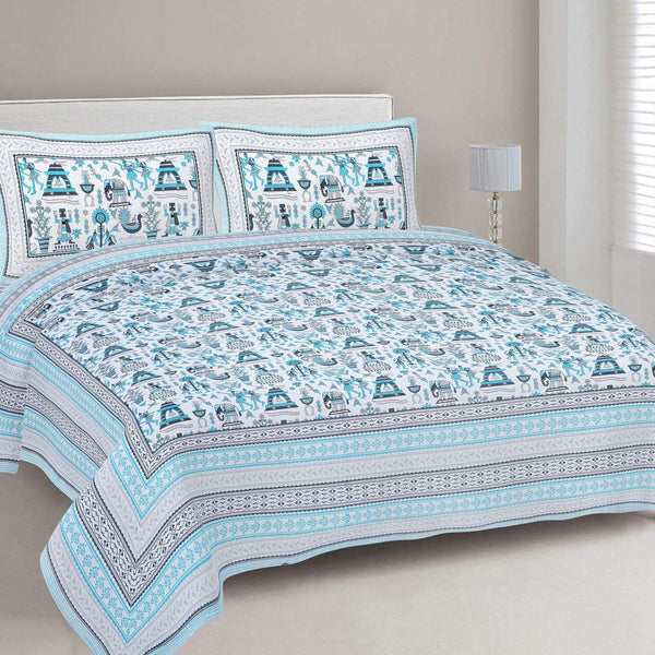 Rudra Bazaar Blue 210 TC Cotton Double King Bedsheet With 2 Pillow Covers - Distacart