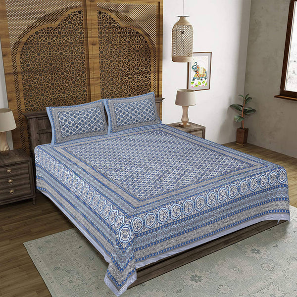 Rudra Bazaar Blue 210 TC Cotton Double King Bedsheet With 2 Pillow Covers - Distacart