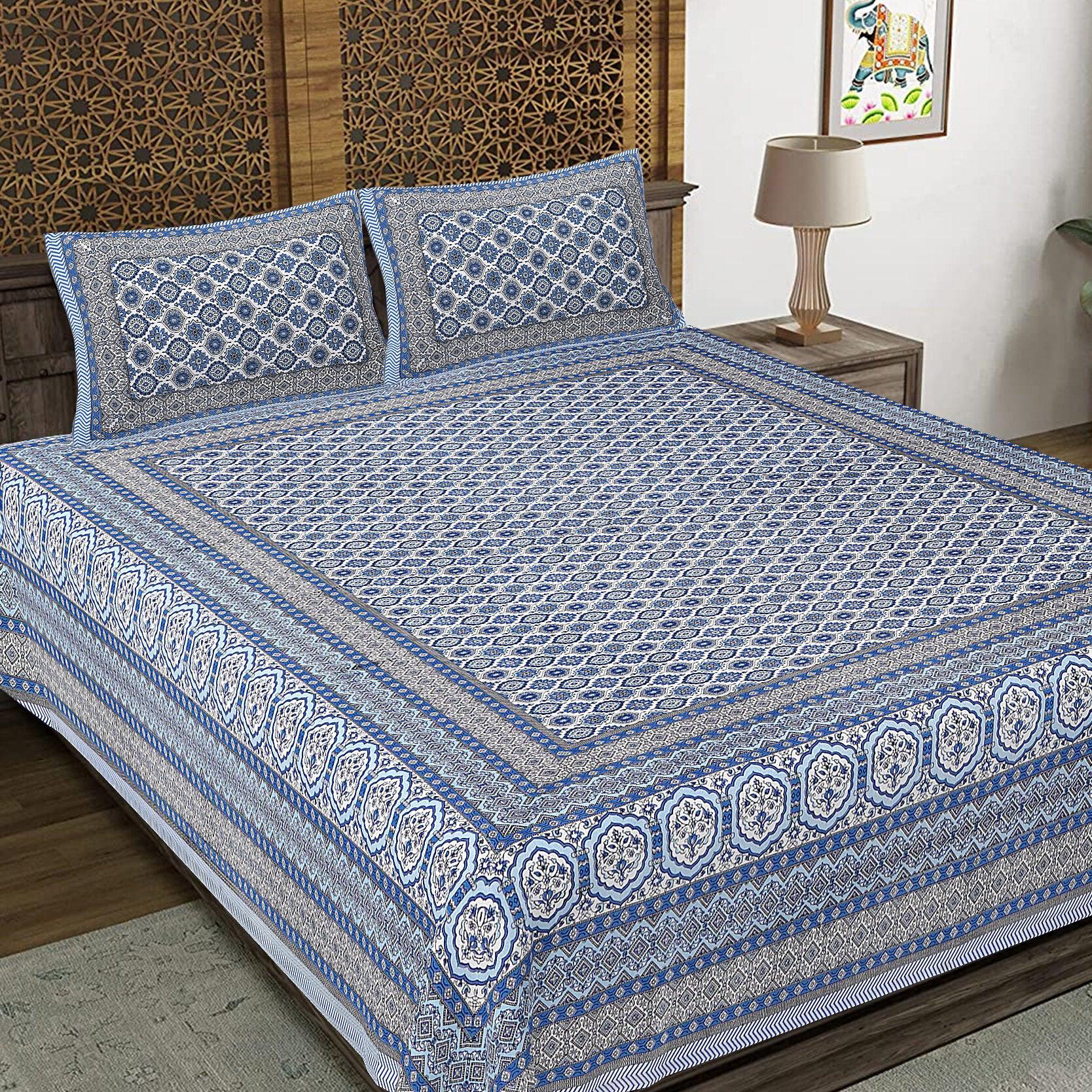 Rudra Bazaar Blue 210 TC Cotton Double King Bedsheet With 2 Pillow Covers - Distacart