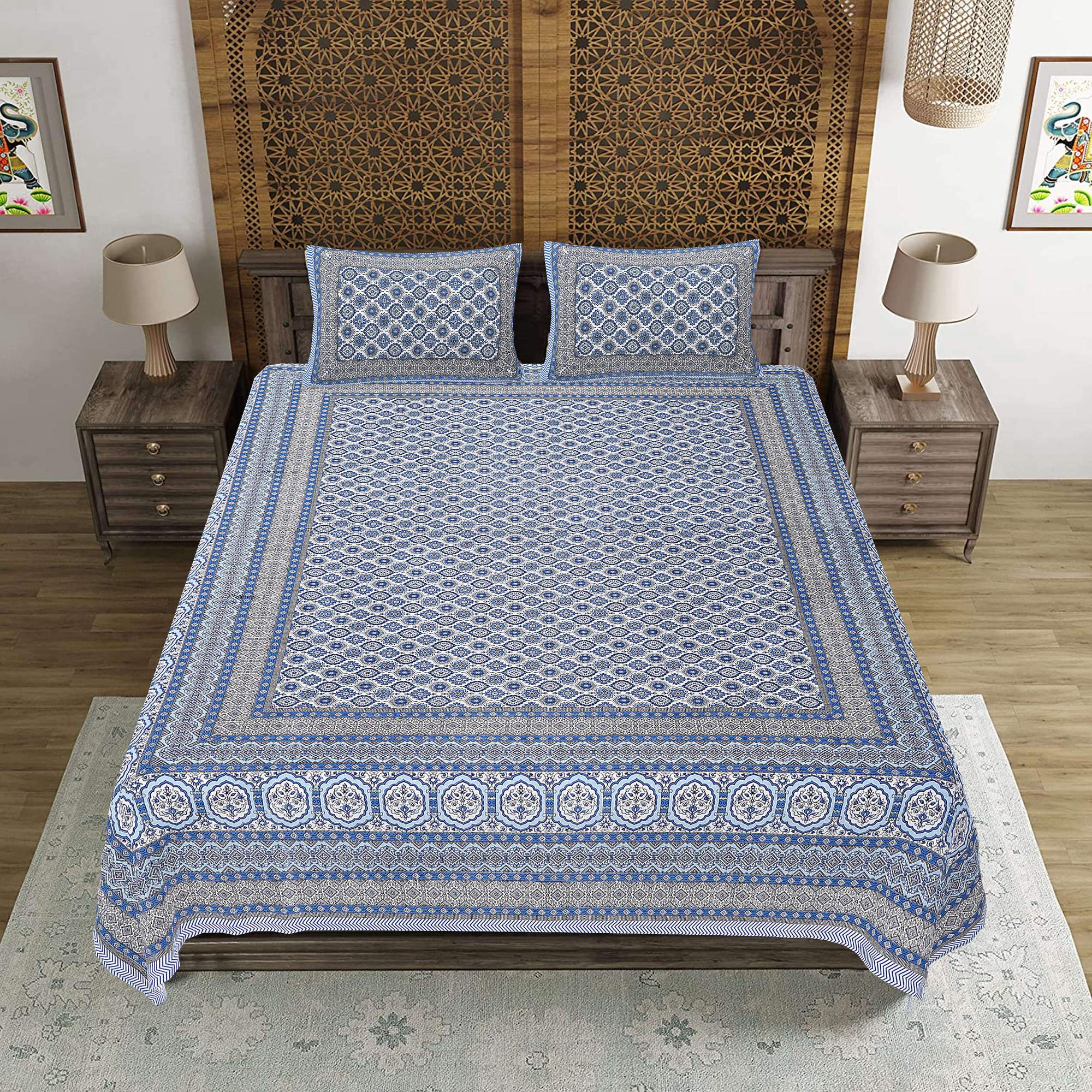 Rudra Bazaar Blue 210 TC Cotton Double King Bedsheet With 2 Pillow Covers