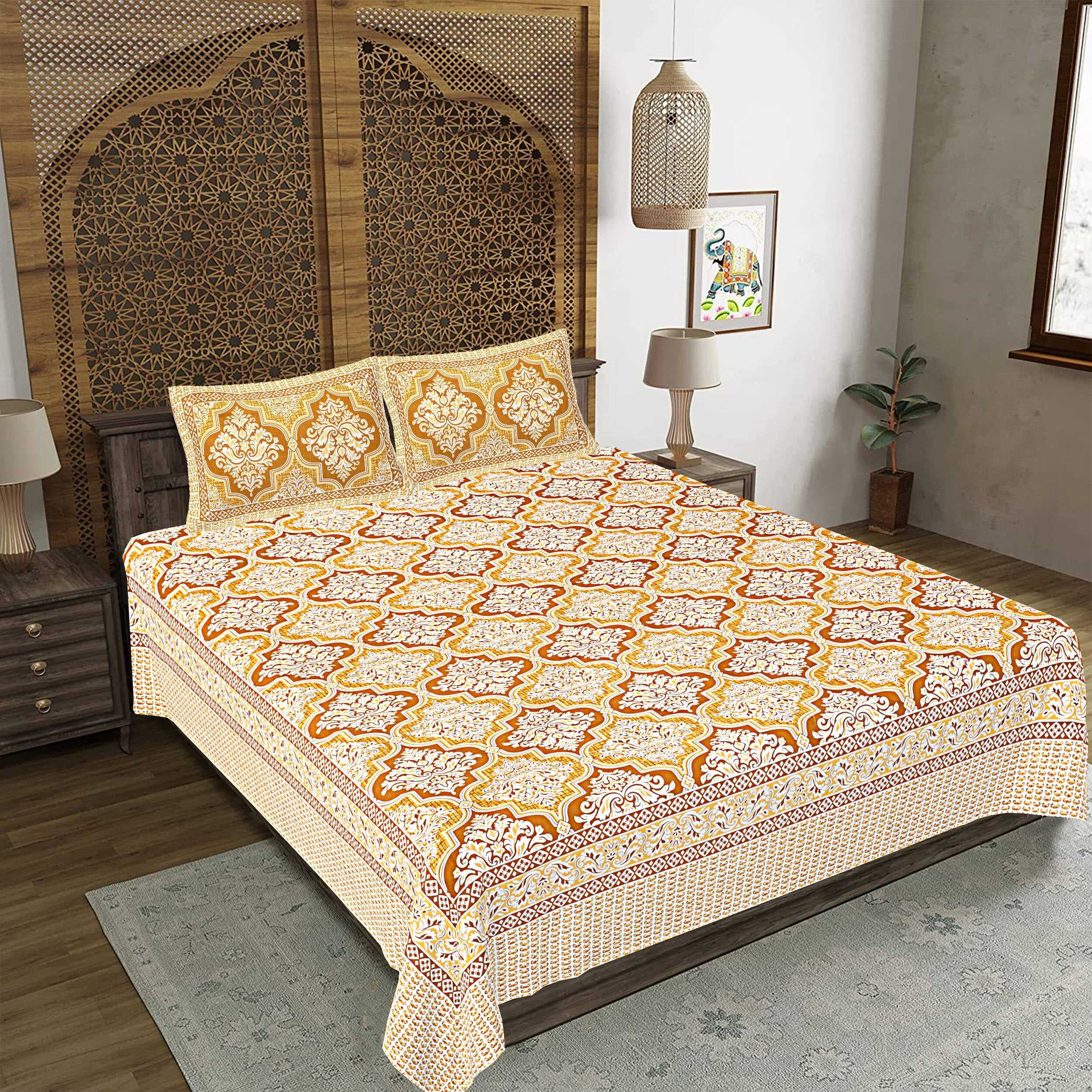 Rudra Bazaar Gold 210 TC Cotton Double King Bedsheet With 2 Pillow Covers - Distacart