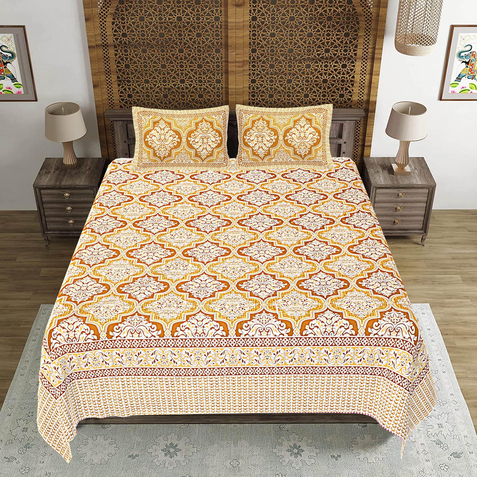 Rudra Bazaar Gold 210 TC Cotton Double King Bedsheet With 2 Pillow Covers - Distacart