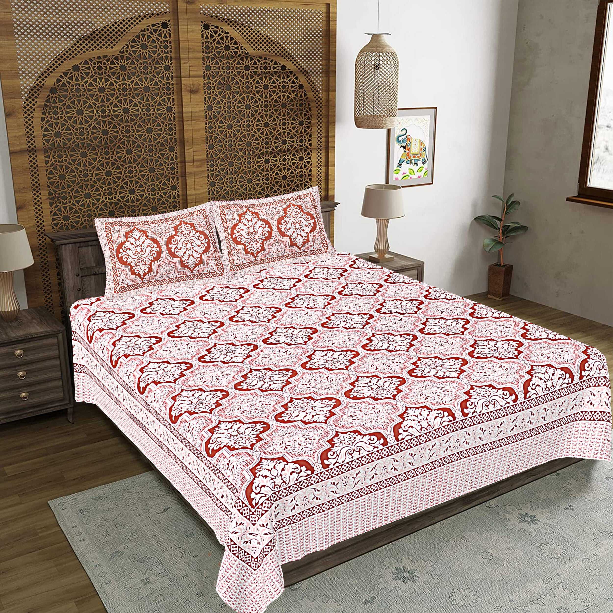Rudra Bazaar Peach 210 TC Cotton Double King Bedsheet With 2 Pillow Covers - Distacart