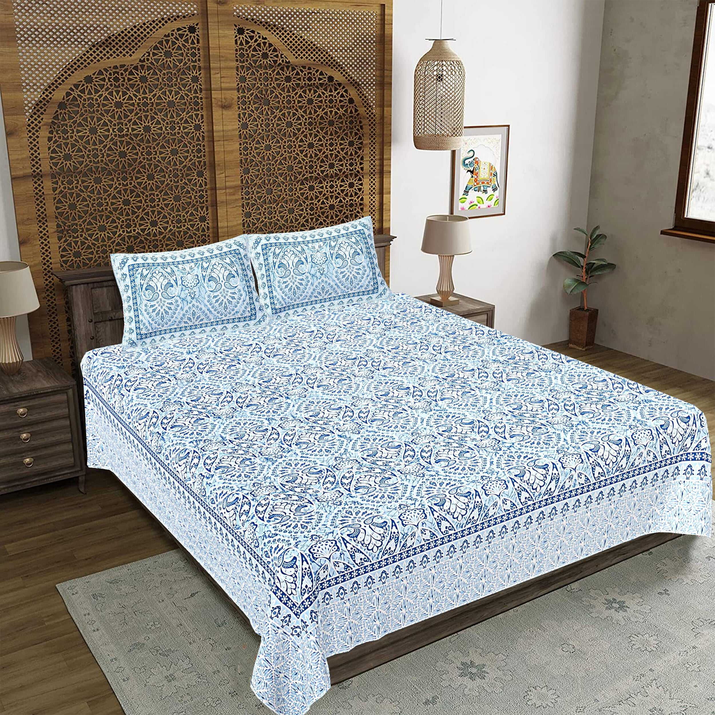 Rudra Bazaar Blue 210 TC Cotton Double King Bedsheet With 2 Pillow Covers - Distacart