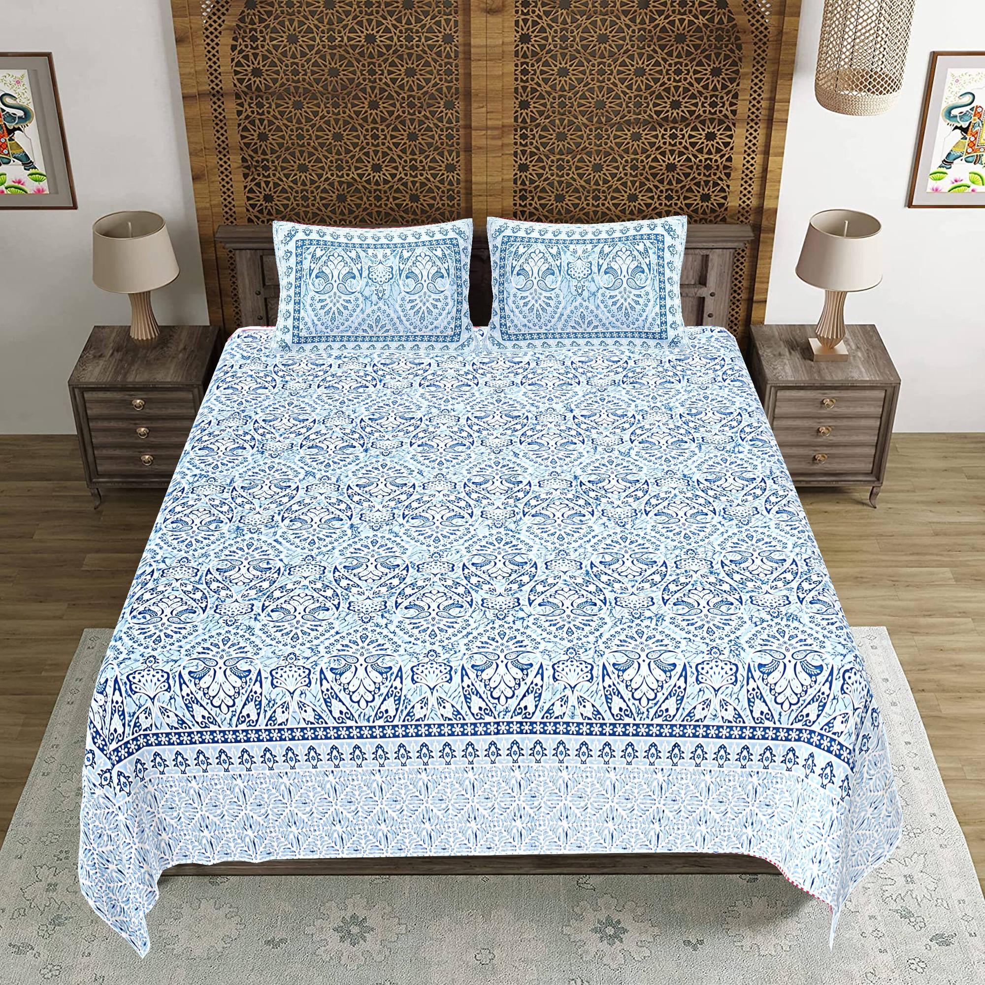Rudra Bazaar Blue 210 TC Cotton Double King Bedsheet With 2 Pillow Covers - Distacart