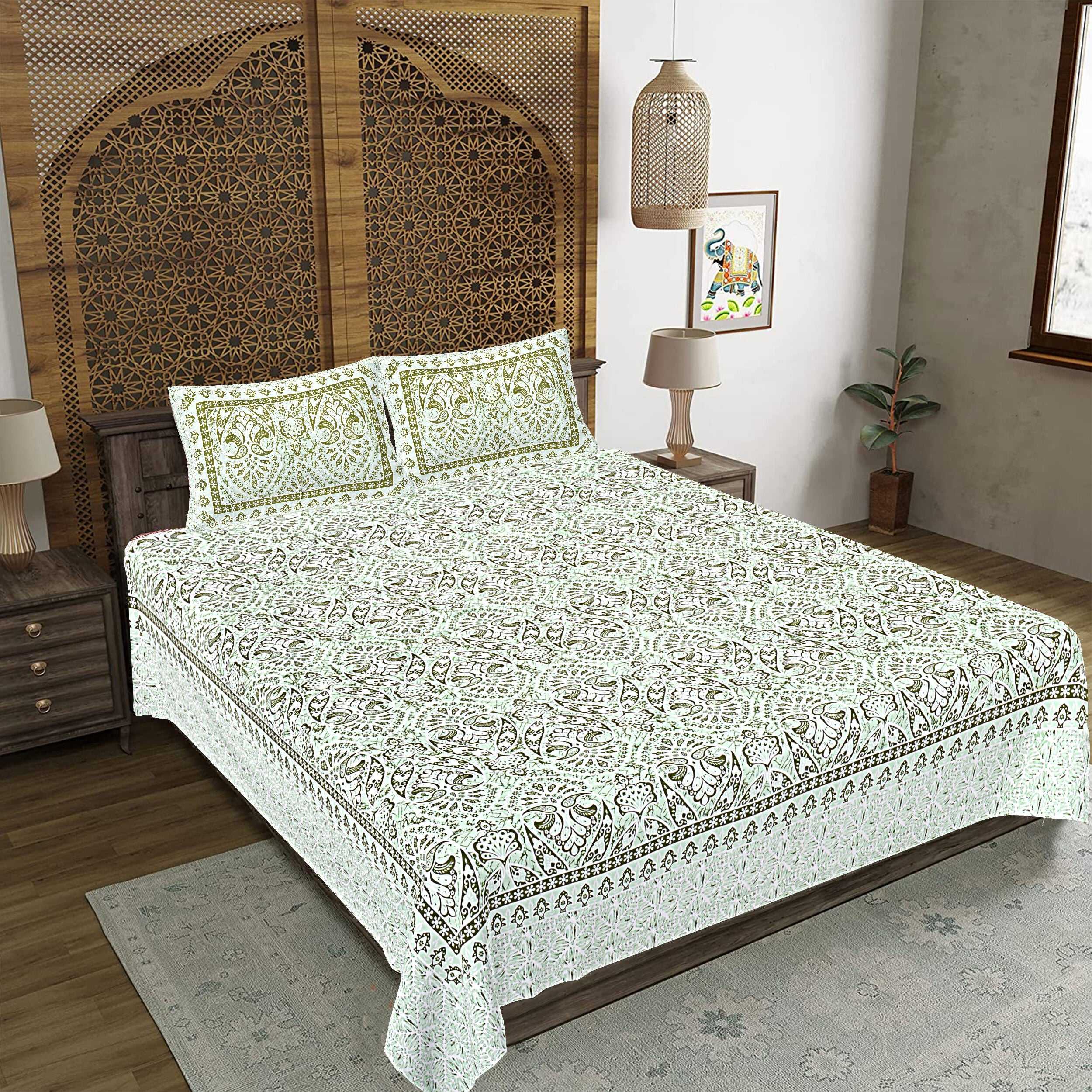 Rudra Bazaar Green 210 TC Cotton Double King Bedsheet With 2 Pillow Covers - Distacart