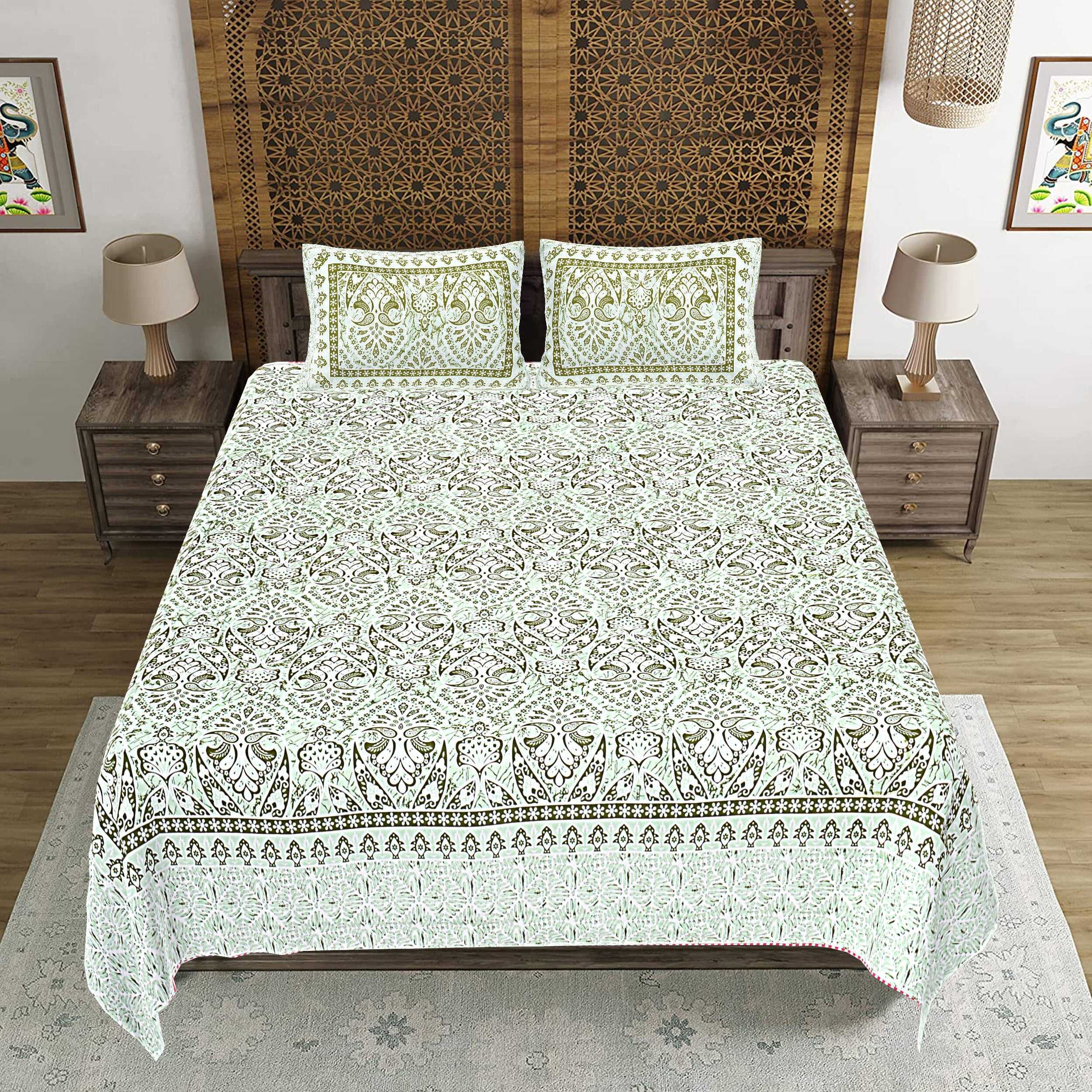 Rudra Bazaar Green 210 TC Cotton Double King Bedsheet With 2 Pillow Covers - Distacart