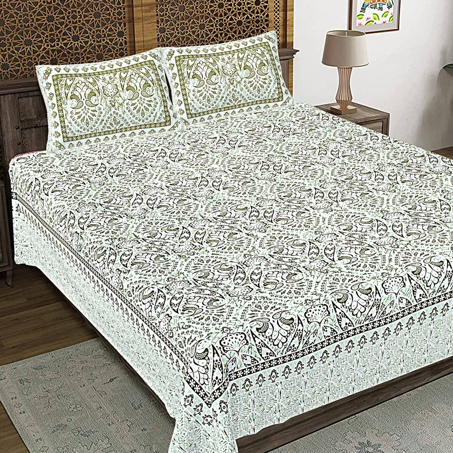 Rudra Bazaar Green 210 TC Cotton Double King Bedsheet With 2 Pillow Covers - Distacart