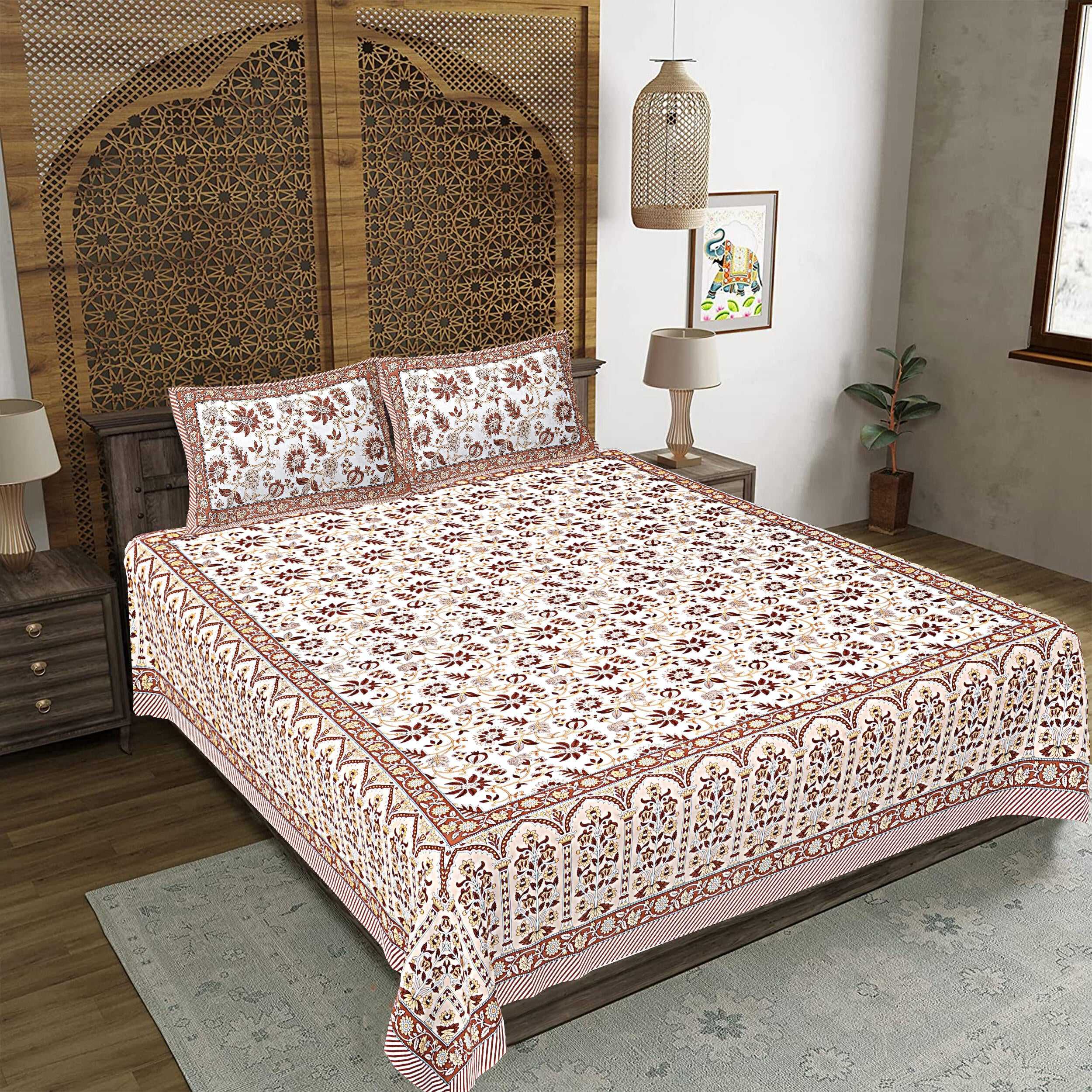 Rudra Bazaar Brown 210 TC Cotton Double King Bedsheet With 2 Pillow Covers - Distacart