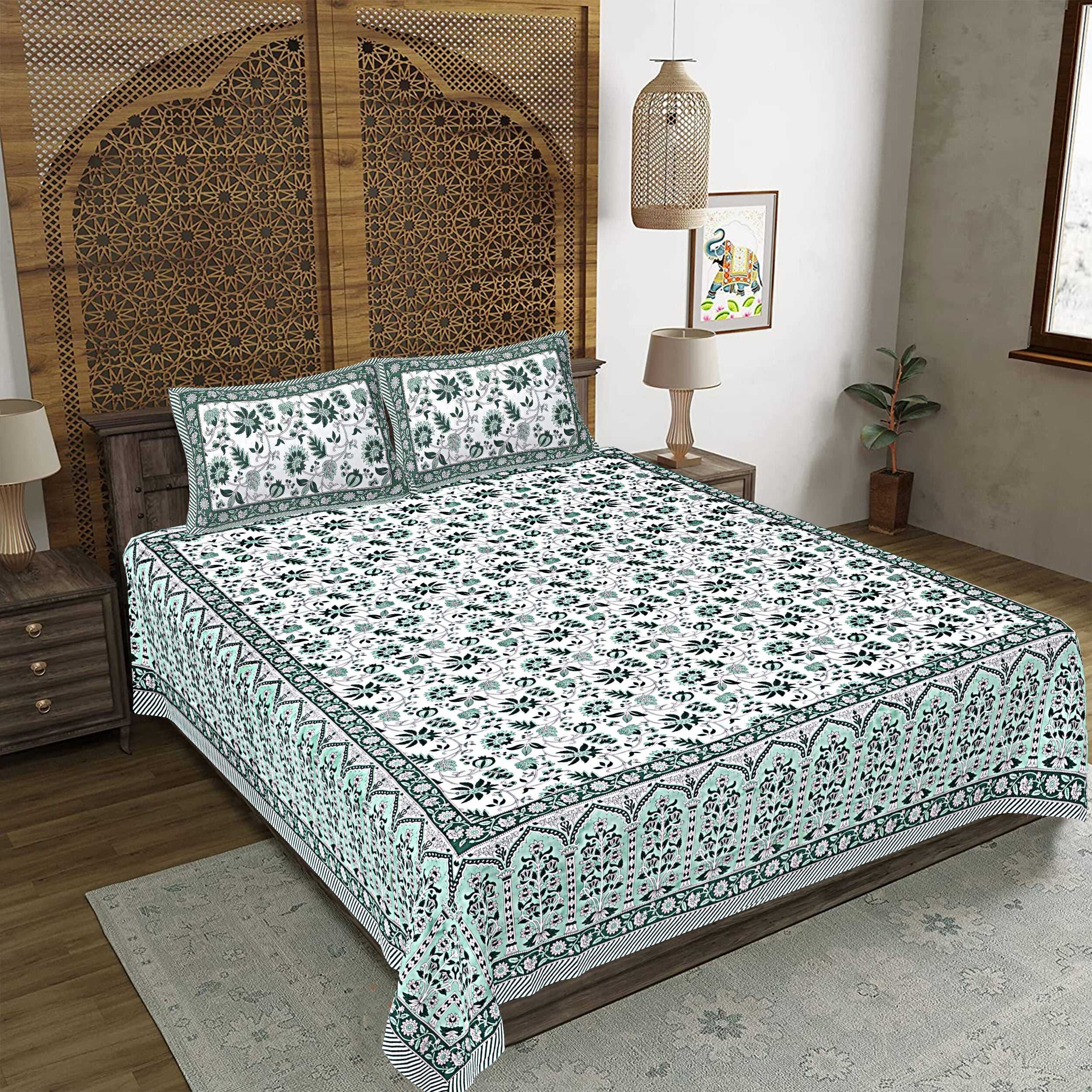 Rudra Bazaar Sea Green 210 TC Cotton Double King Bedsheet With 2 Pillow Covers - Distacart
