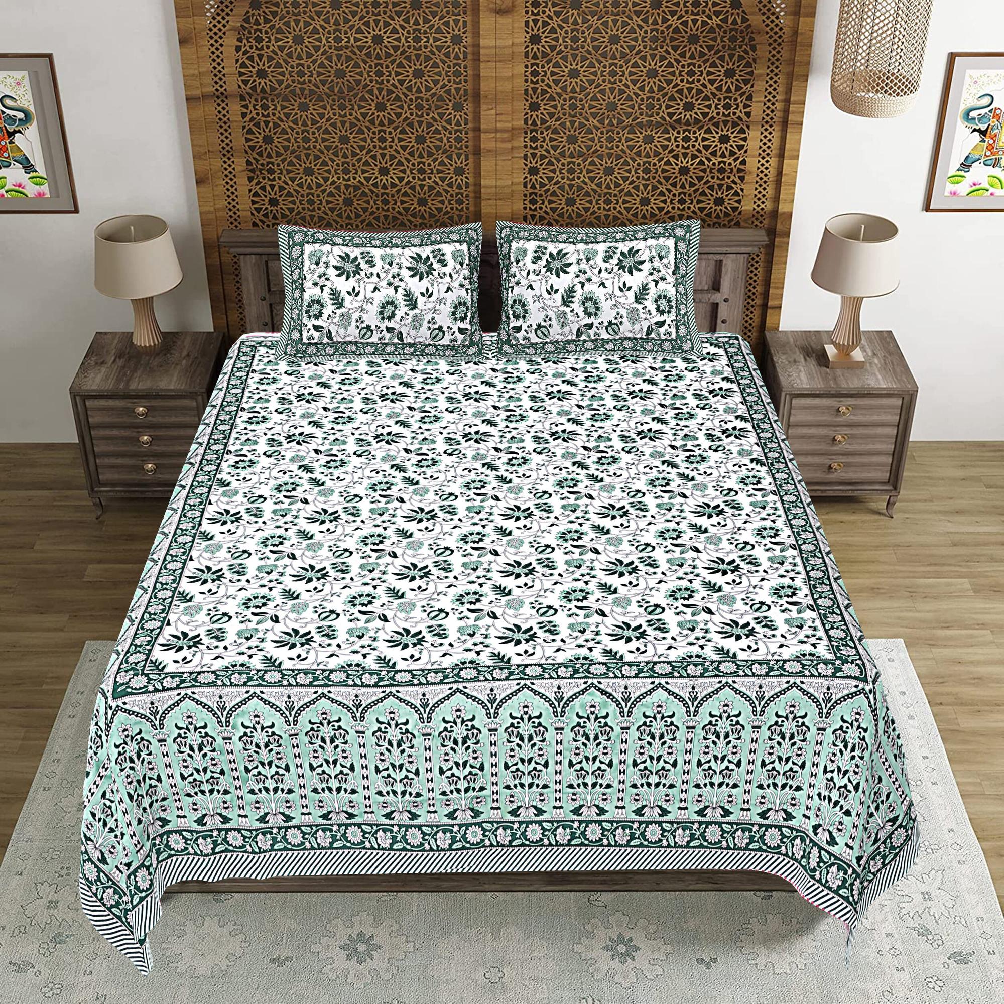 Rudra Bazaar Sea Green 210 TC Cotton Double King Bedsheet With 2 Pillow Covers - Distacart