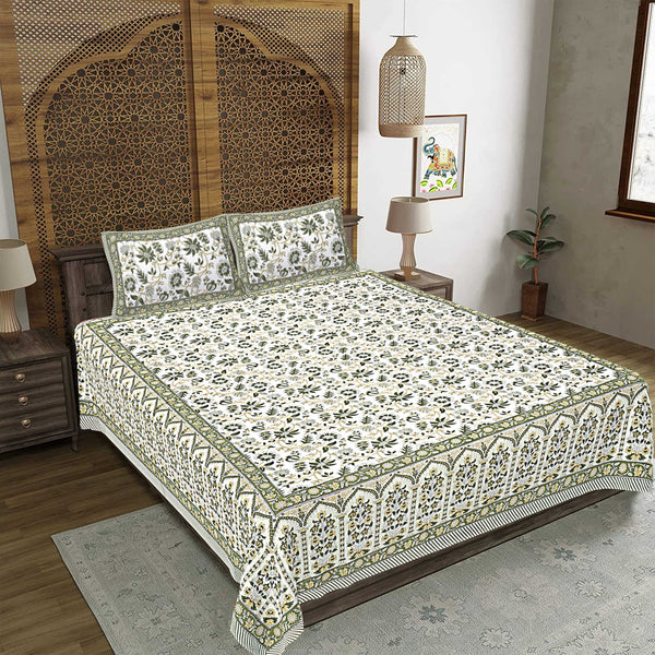 Rudra Bazaar Green 210 TC Cotton Double King Bedsheet With 2 Pillow Covers - Distacart