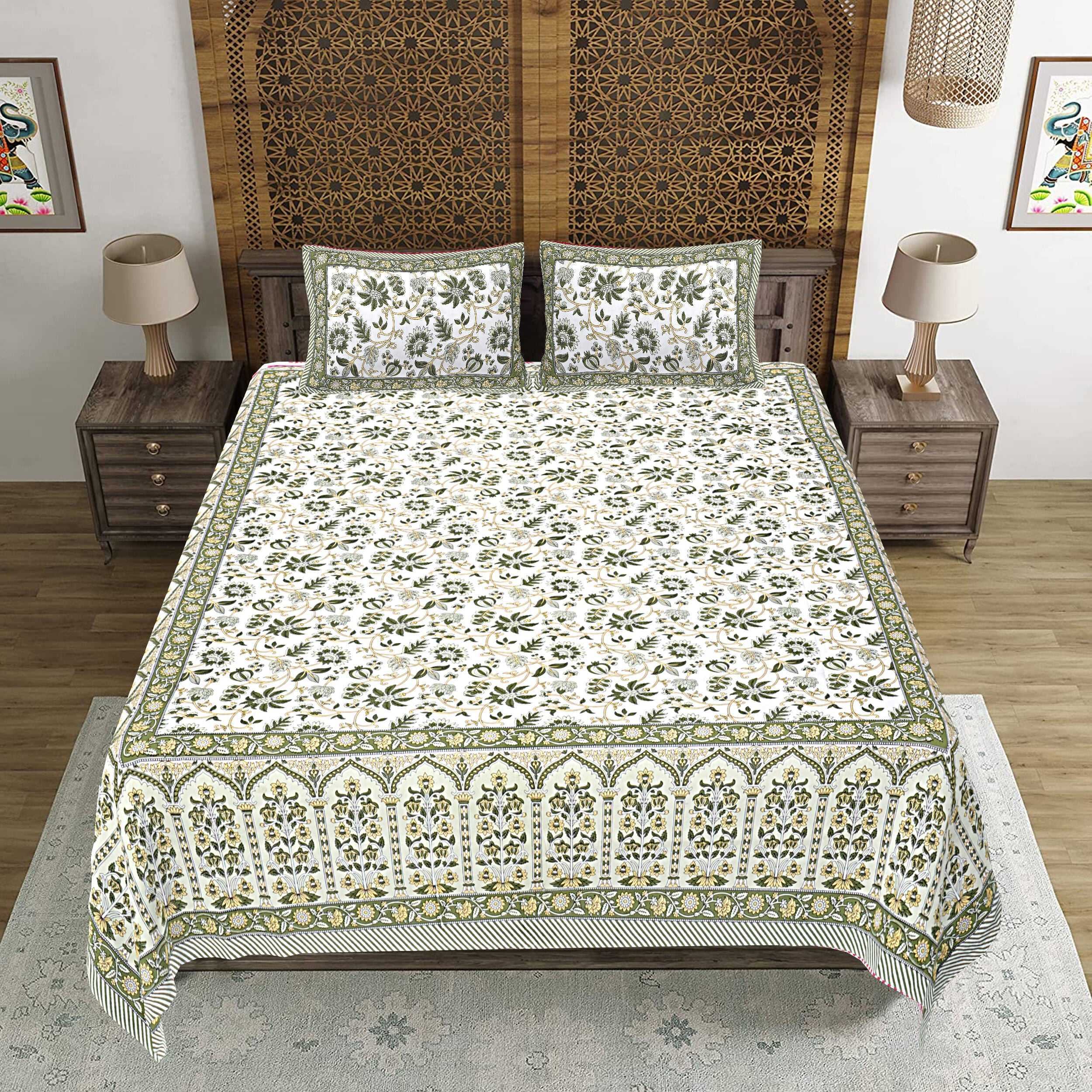 Rudra Bazaar Green 210 TC Cotton Double King Bedsheet With 2 Pillow Covers - Distacart