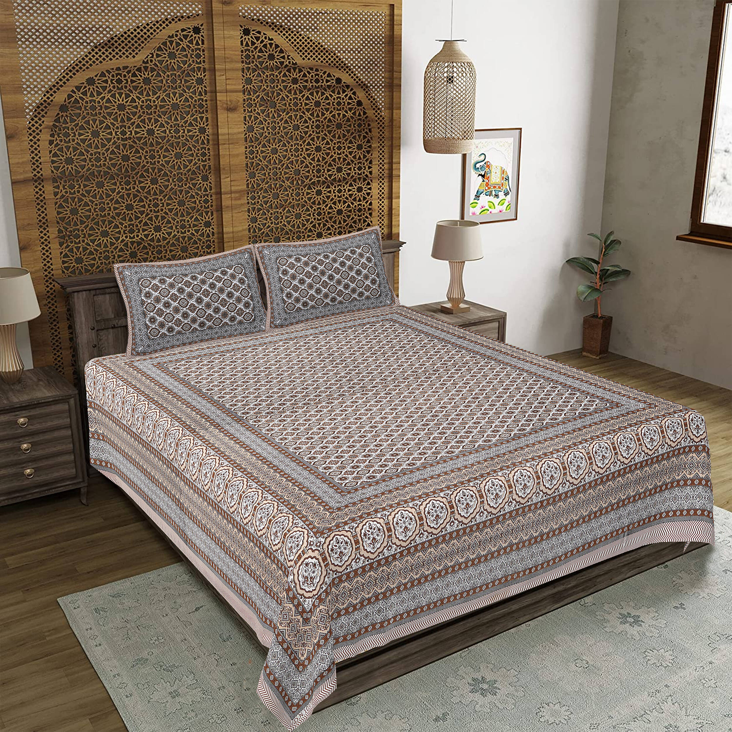 Rudra Bazaar Brown 210 TC Cotton Double King Bedsheet With 2 Pillow Covers - Distacart