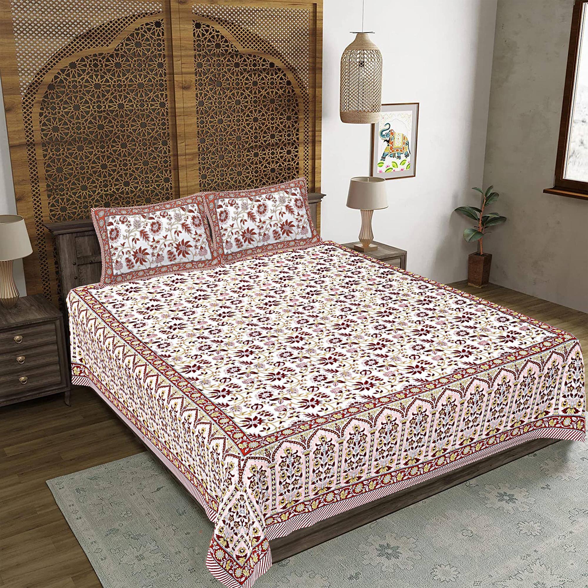 Rudra Bazaar Peach 210 TC Cotton Double King Bedsheet With 2 Pillow Covers - Distacart