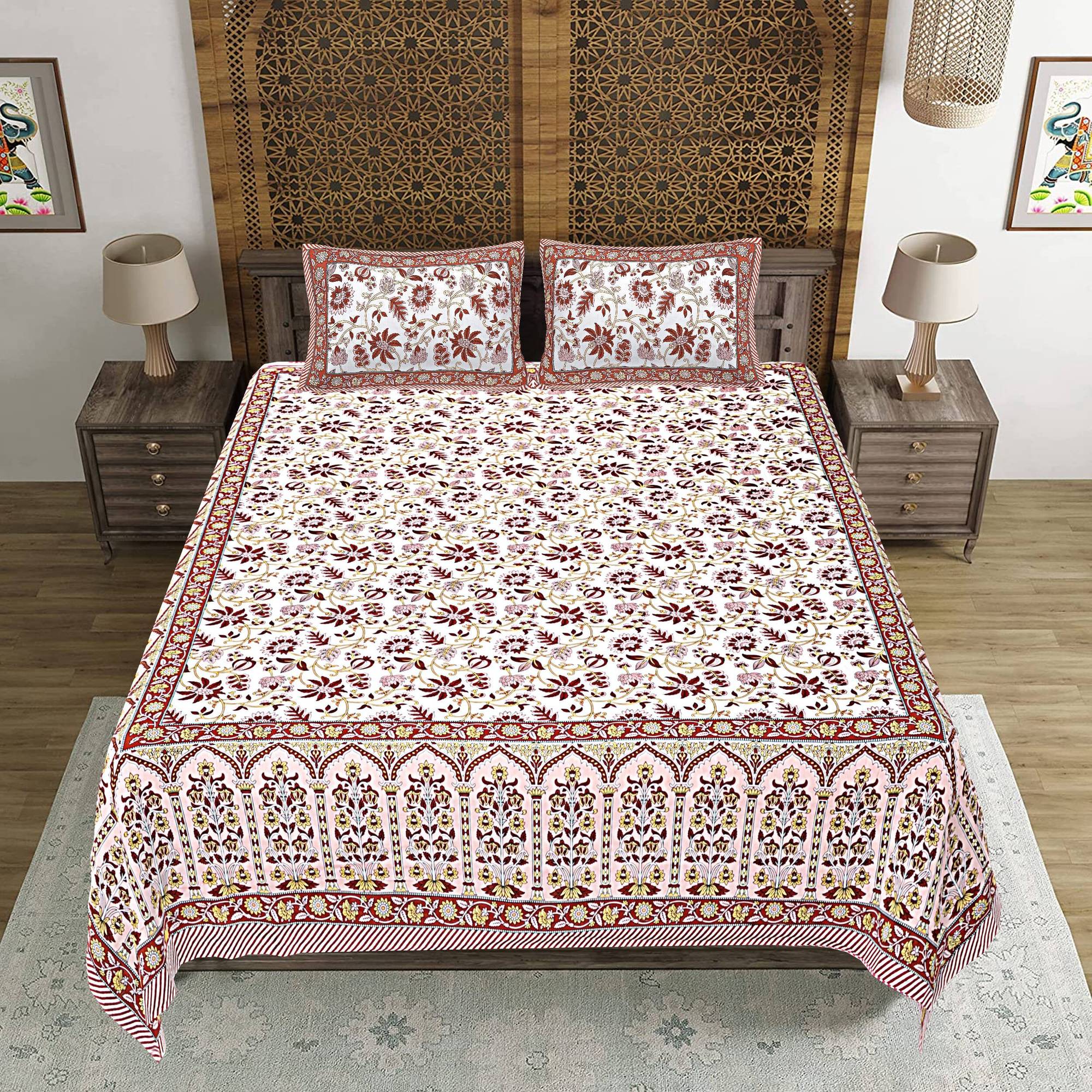 Rudra Bazaar Peach 210 TC Cotton Double King Bedsheet With 2 Pillow Covers - Distacart
