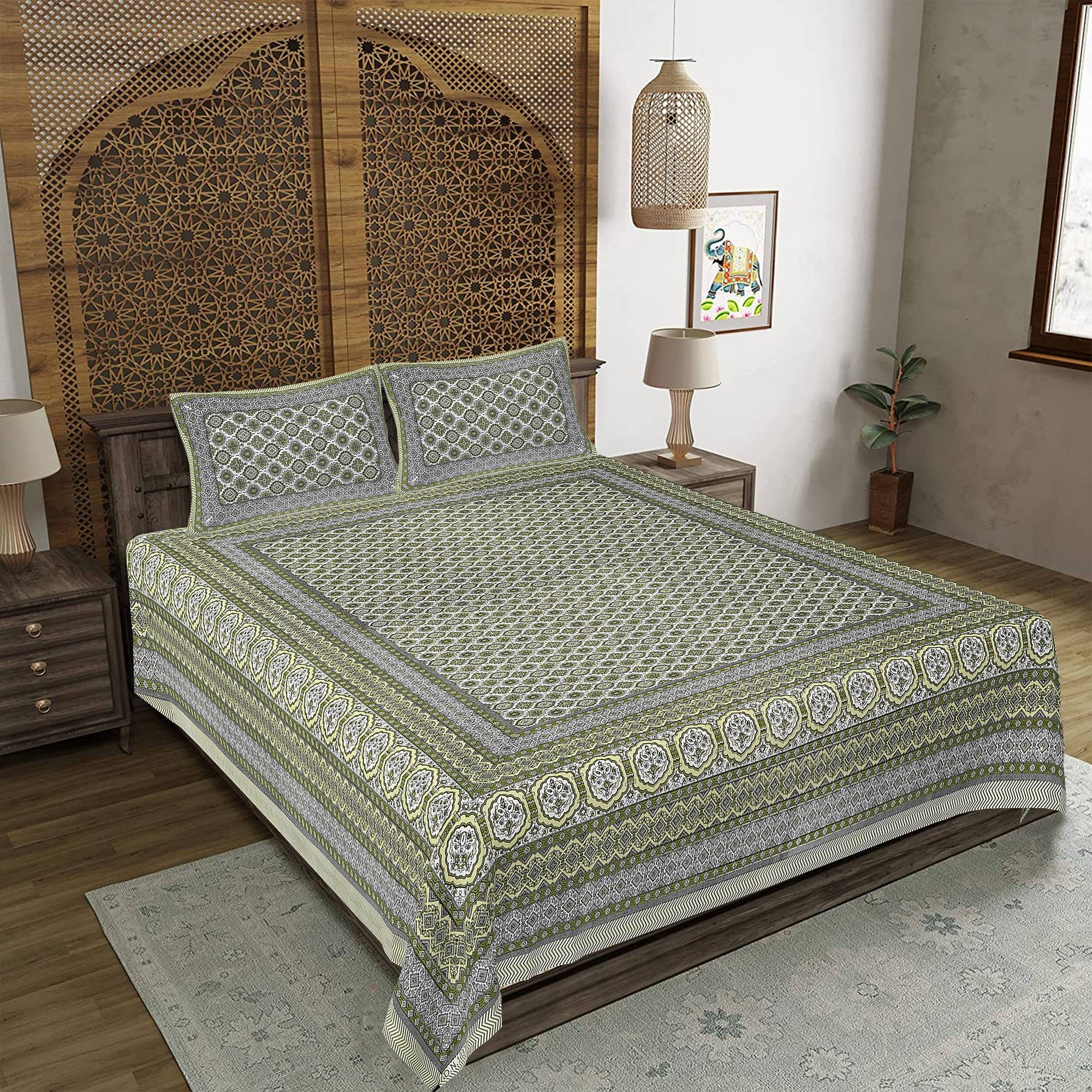 Rudra Bazaar Green 210 TC Cotton Double King Bedsheet With 2 Pillow Covers - Distacart