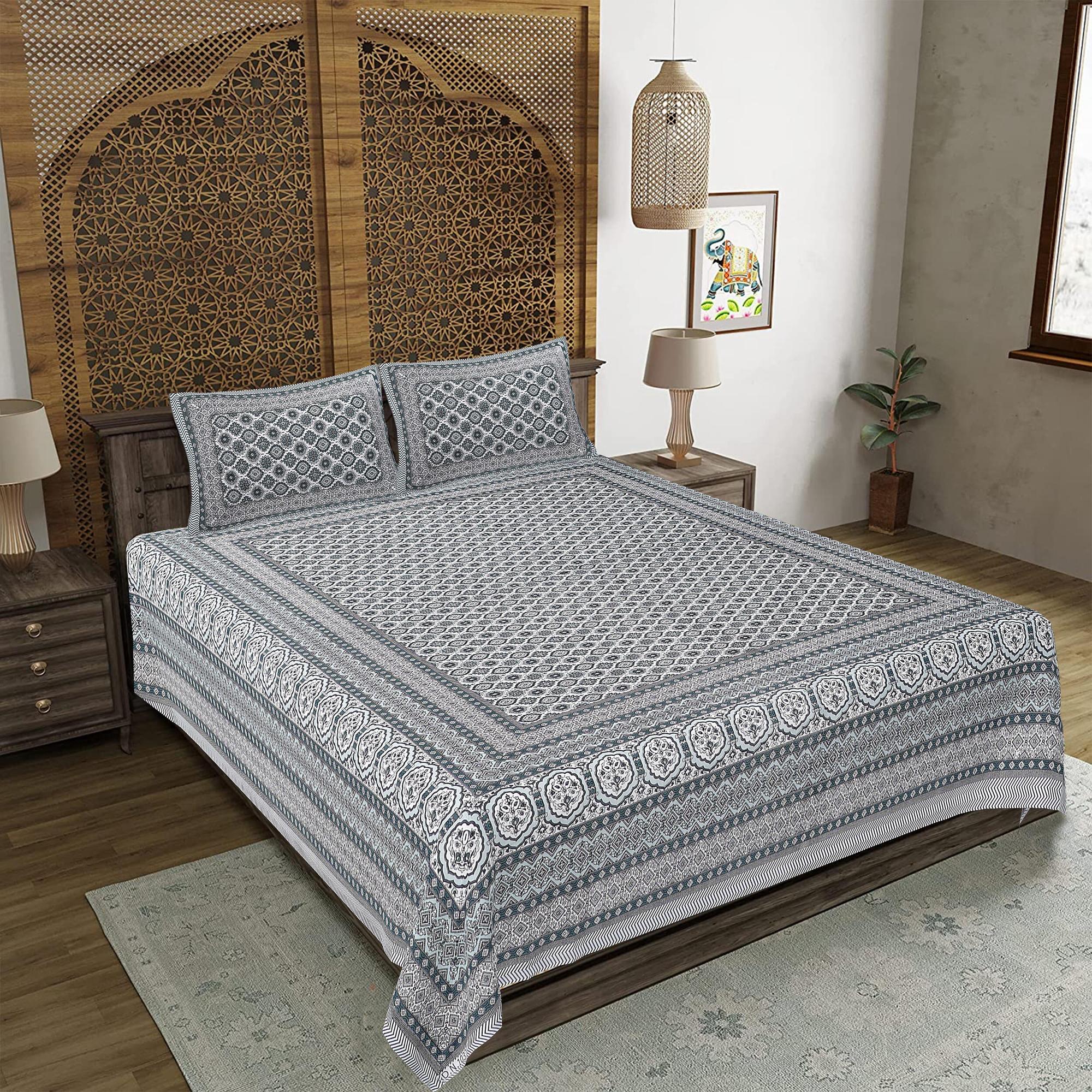 Rudra Bazaar Grey 210 TC Cotton Double King Bedsheet With 2 Pillow Covers - Distacart