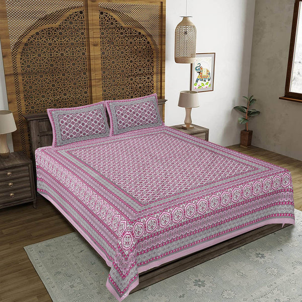 Rudra Bazaar Pink 210 TC Cotton Double King Bedsheet With 2 Pillow Covers - Distacart