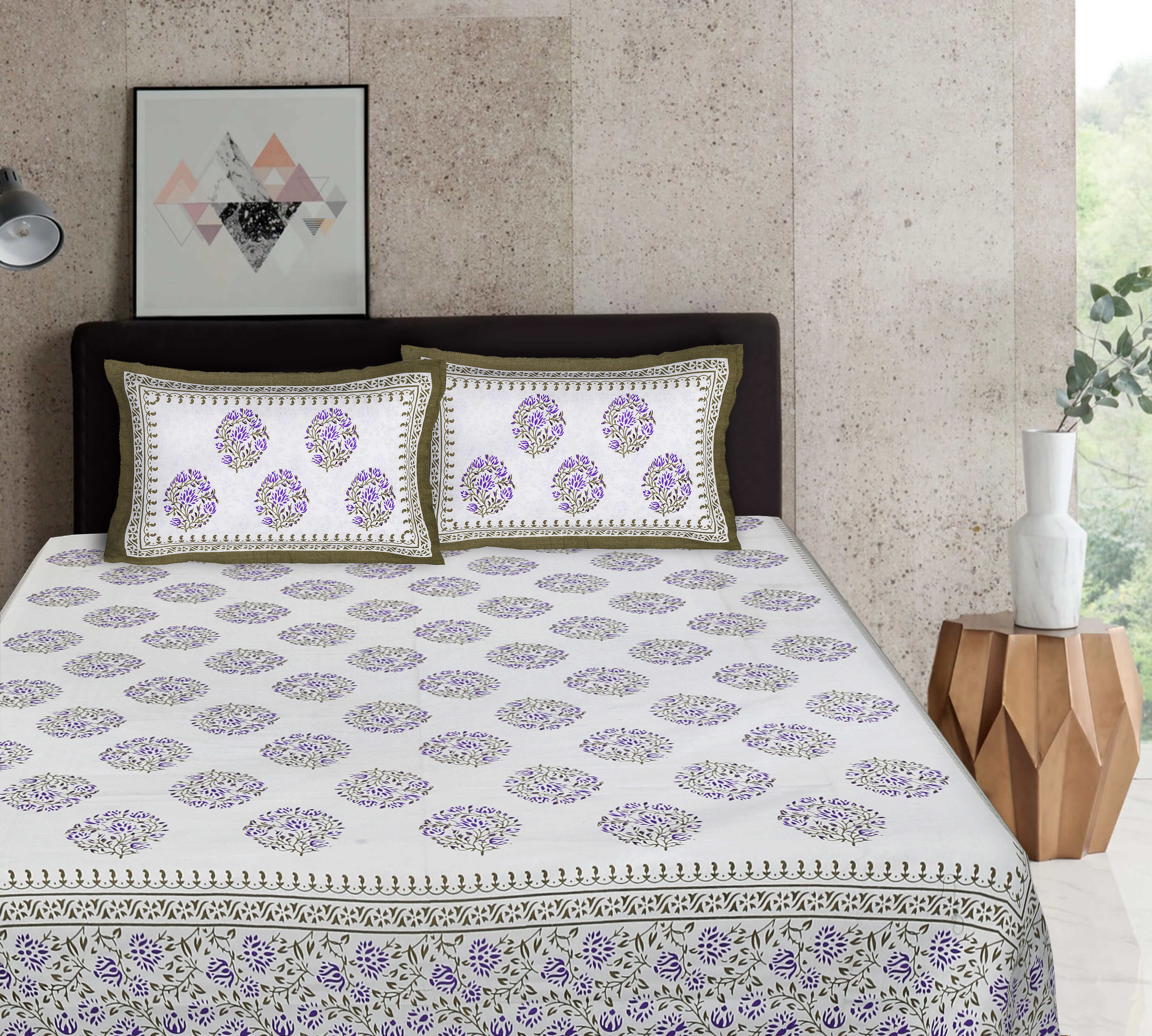 Rudra Bazaar Sea Green 210 TC Cotton Double King Bedsheet With 2 Pillow Covers - Distacart