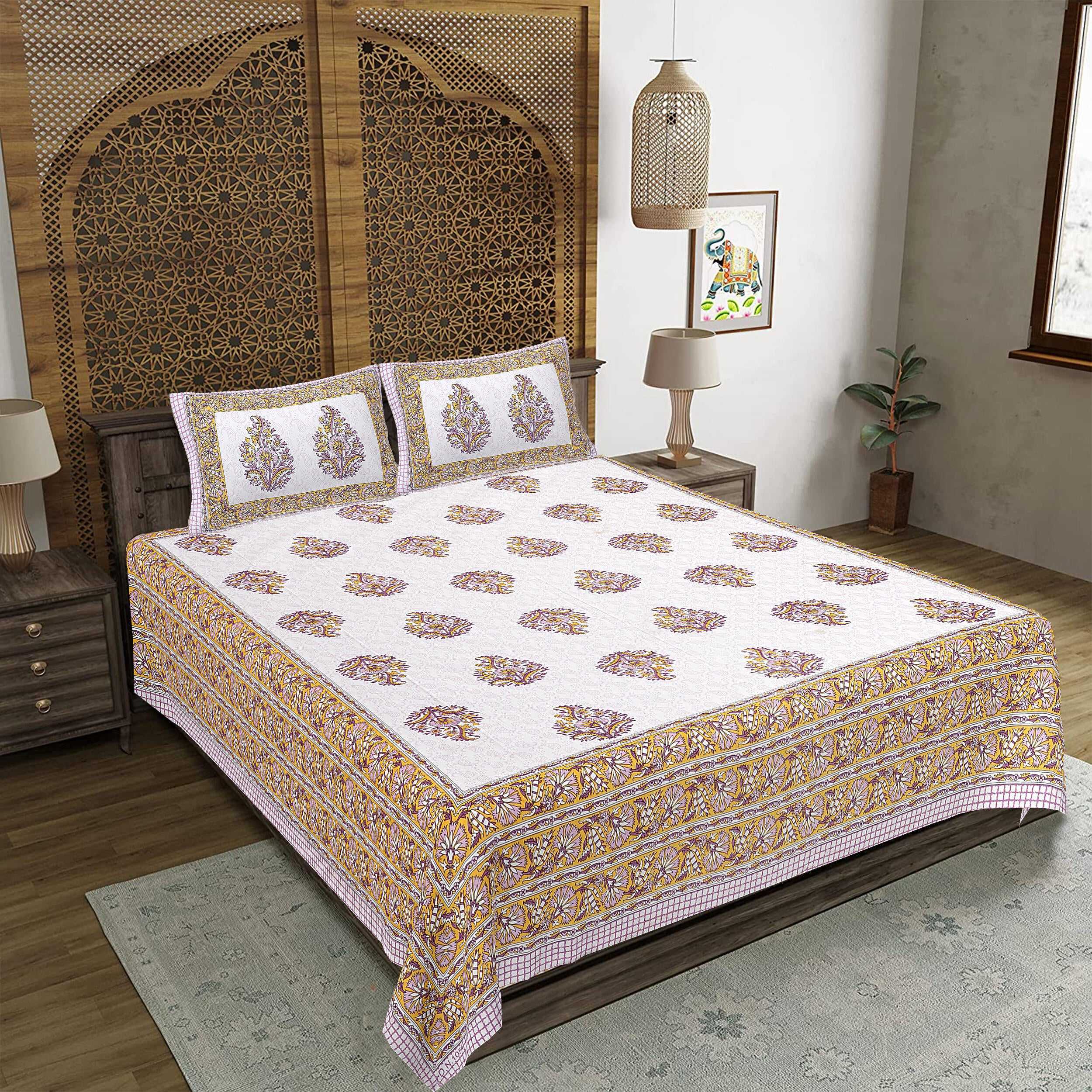 Rudra Bazaar Purple Gold 210 TC Cotton Double King Bedsheet With 2 Pillow Covers - Distacart