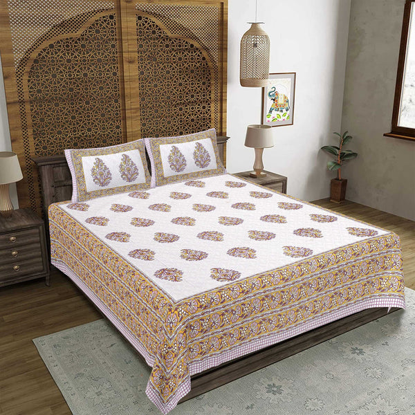 Rudra Bazaar Purple Gold 210 TC Cotton Double King Bedsheet With 2 Pillow Covers - Distacart