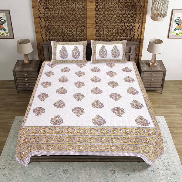 Rudra Bazaar Purple Gold 210 TC Cotton Double King Bedsheet With 2 Pillow Covers