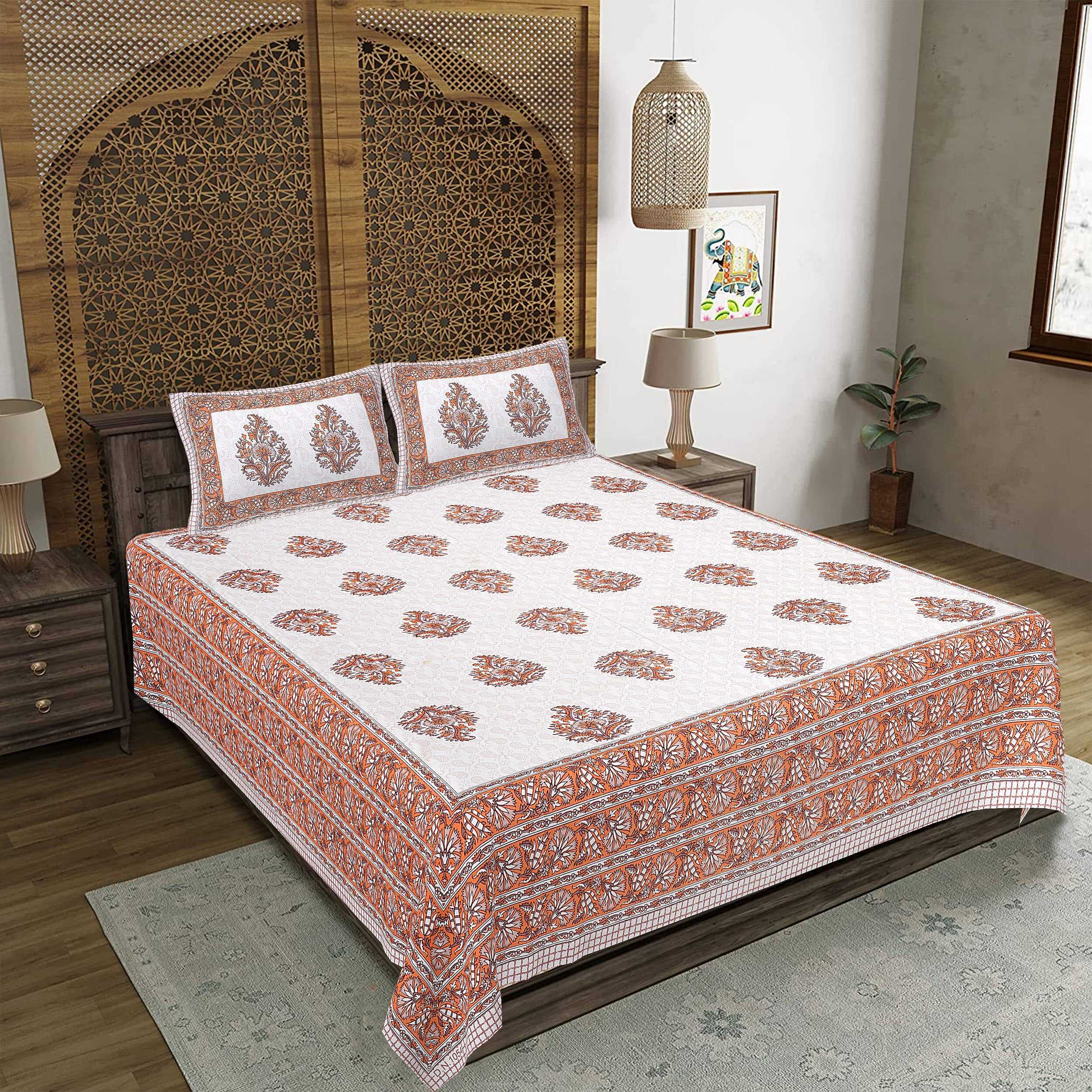 Rudra Bazaar Orange 210 TC Cotton Double King Bedsheet With 2 Pillow Covers - Distacart