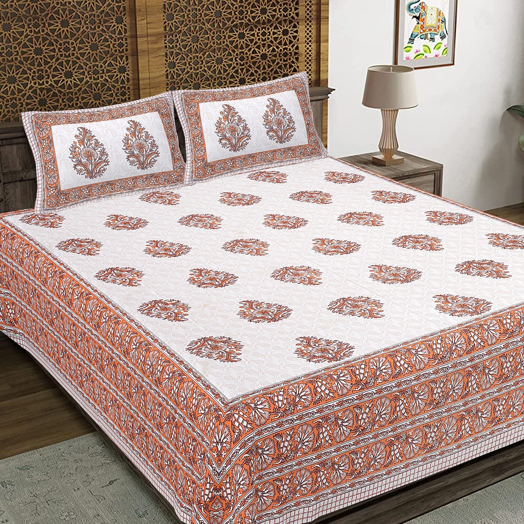 Rudra Bazaar Orange 210 TC Cotton Double King Bedsheet With 2 Pillow Covers - Distacart