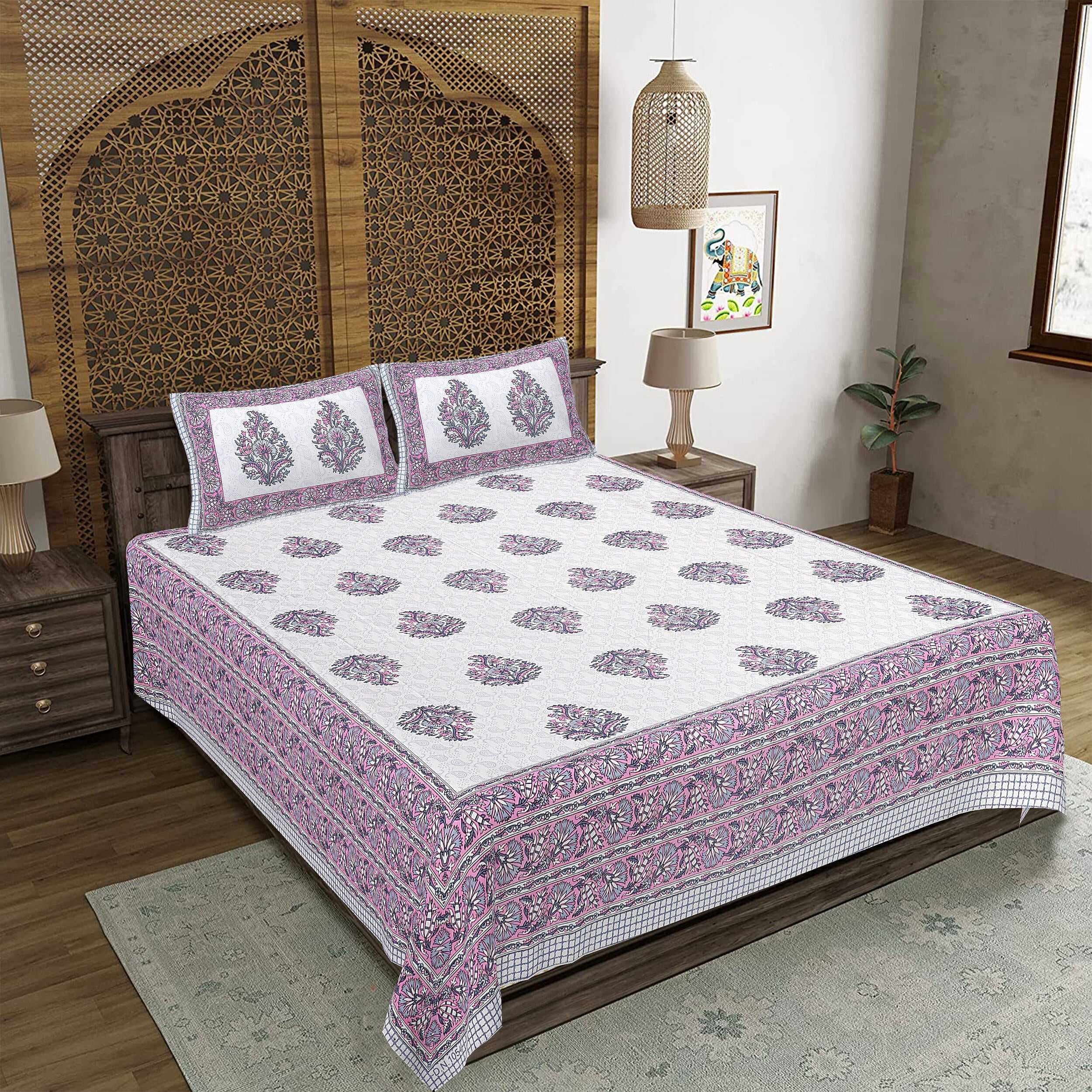 Rudra Bazaar Purple 210 TC Cotton Double King Bedsheet With 2 Pillow Covers - Distacart