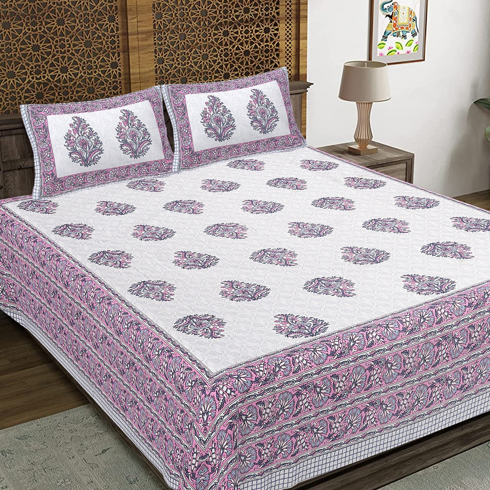 Rudra Bazaar Purple 210 TC Cotton Double King Bedsheet With 2 Pillow Covers - Distacart