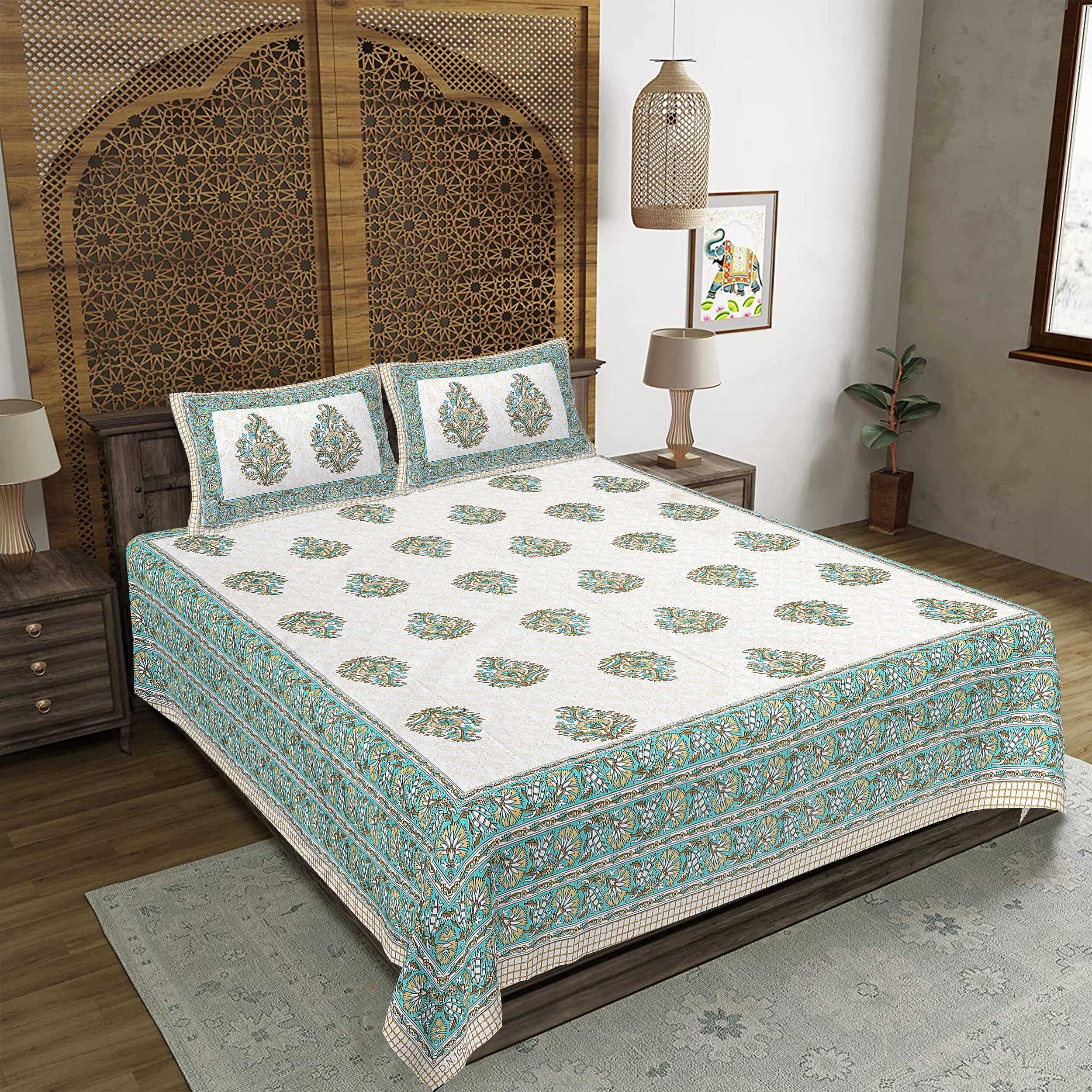 Rudra Bazaar Green 210 TC Cotton Double King Bedsheet With 2 Pillow Covers - Distacart