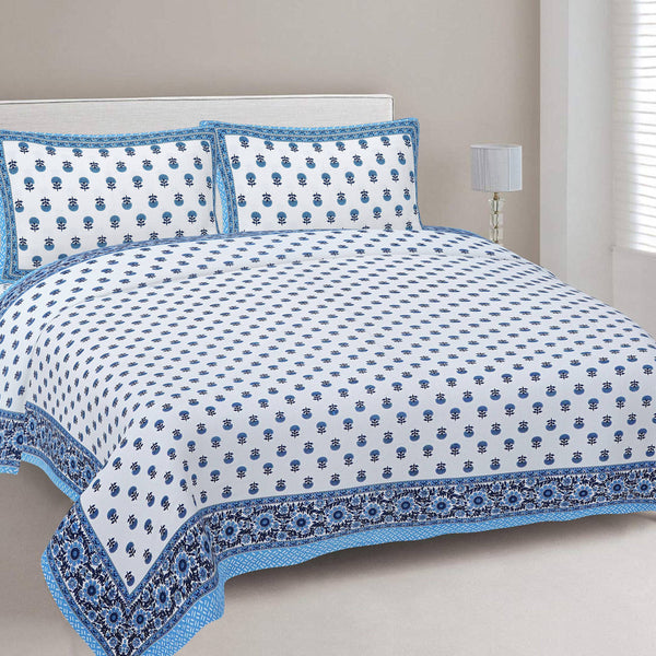 Rudra Bazaar Blue 210 TC Cotton Double King Bedsheet With 2 Pillow Covers - Distacart