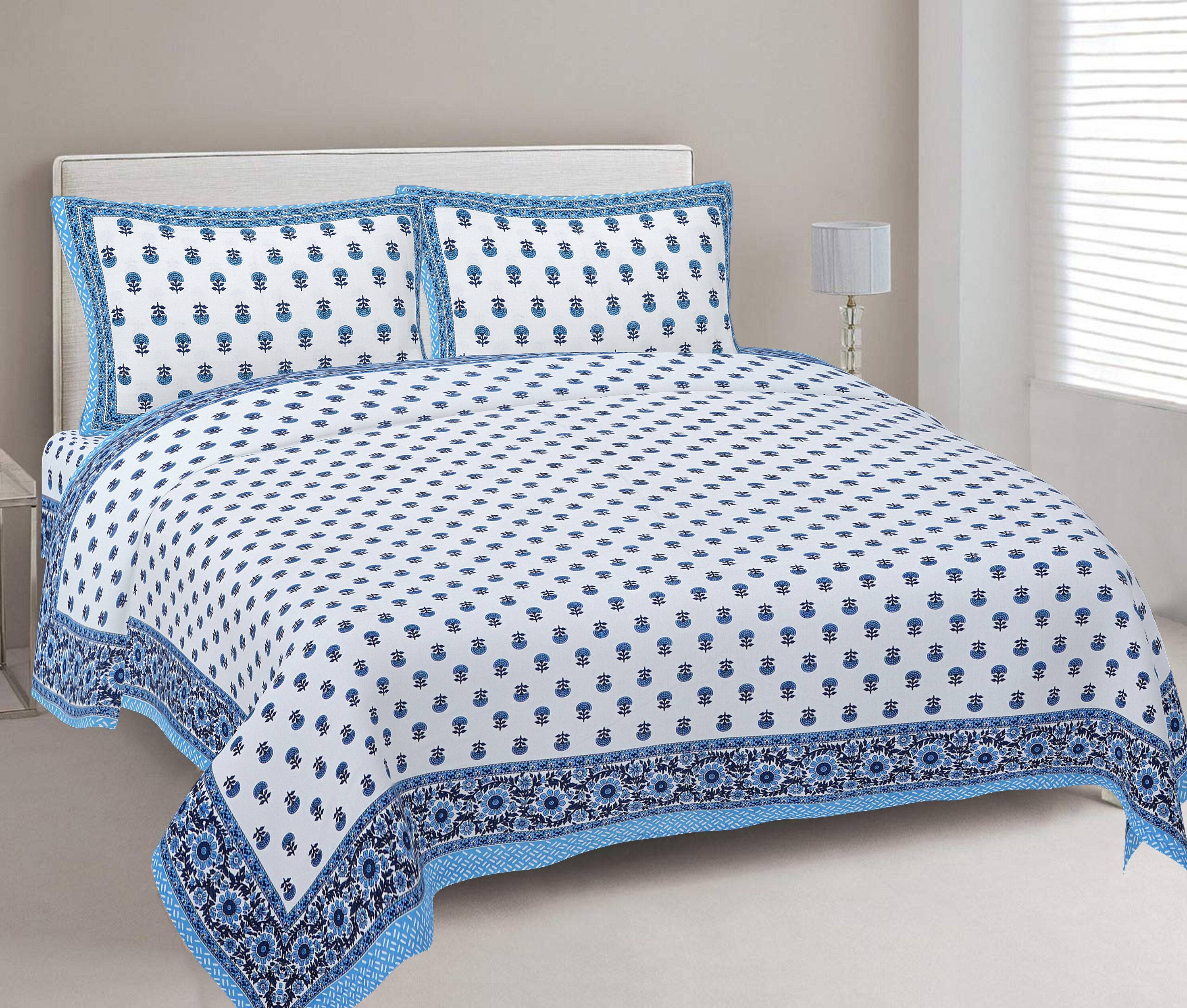Rudra Bazaar Blue 210 TC Cotton Double King Bedsheet With 2 Pillow Covers - Distacart