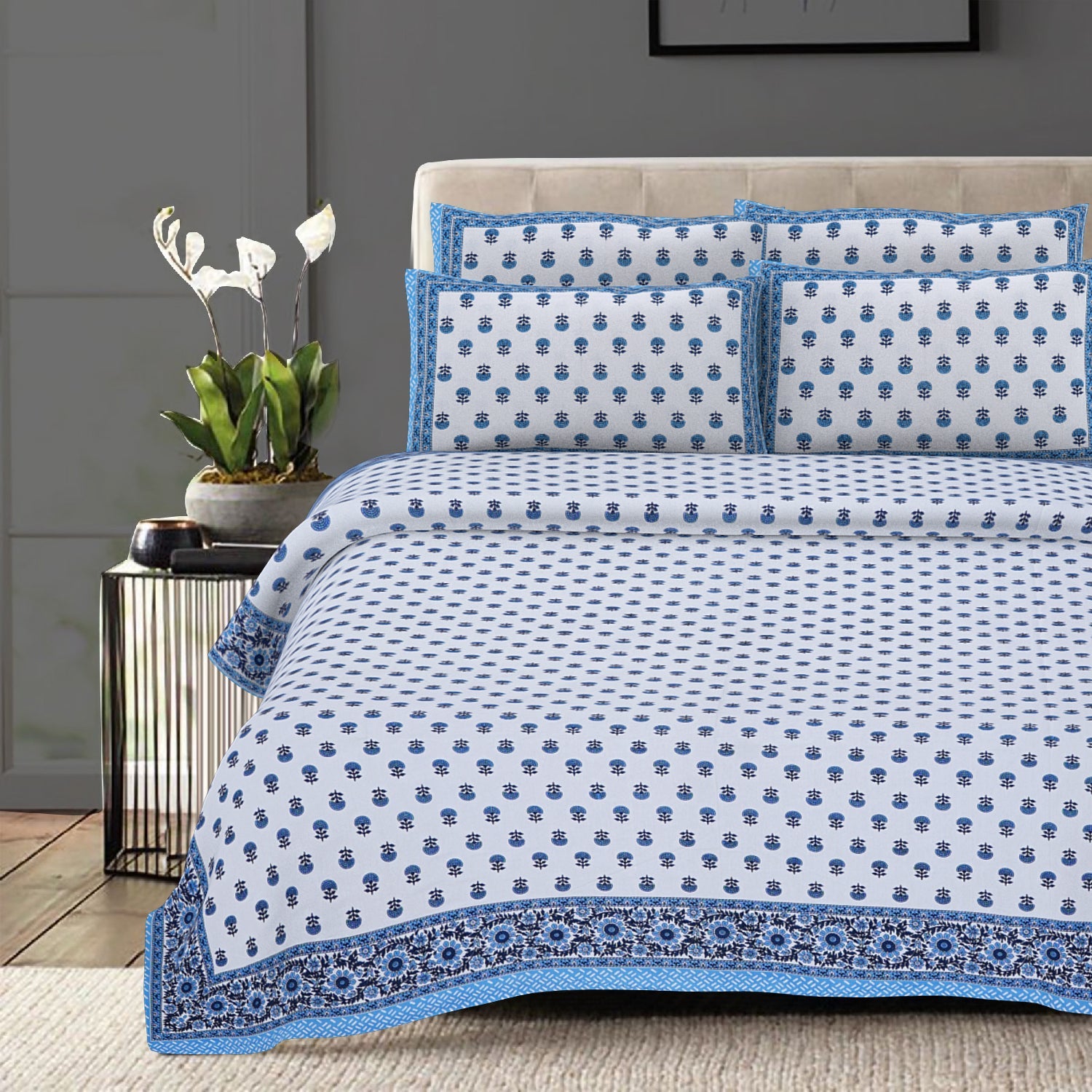 Rudra Bazaar Blue 210 TC Cotton Double King Bedsheet With 2 Pillow Covers - Distacart