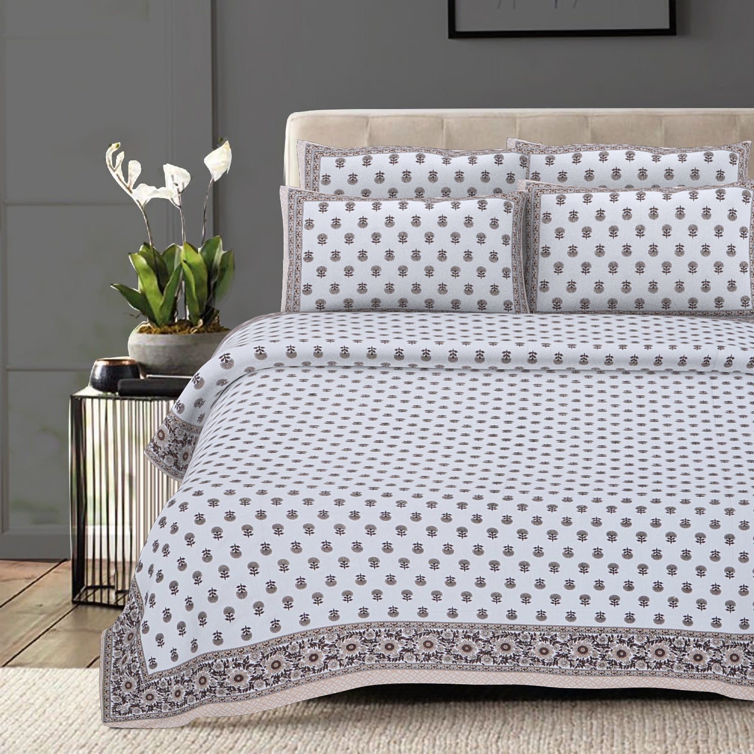 Rudra Bazaar Brown 210 TC Cotton Double King Bedsheet With 2 Pillow Covers - Distacart