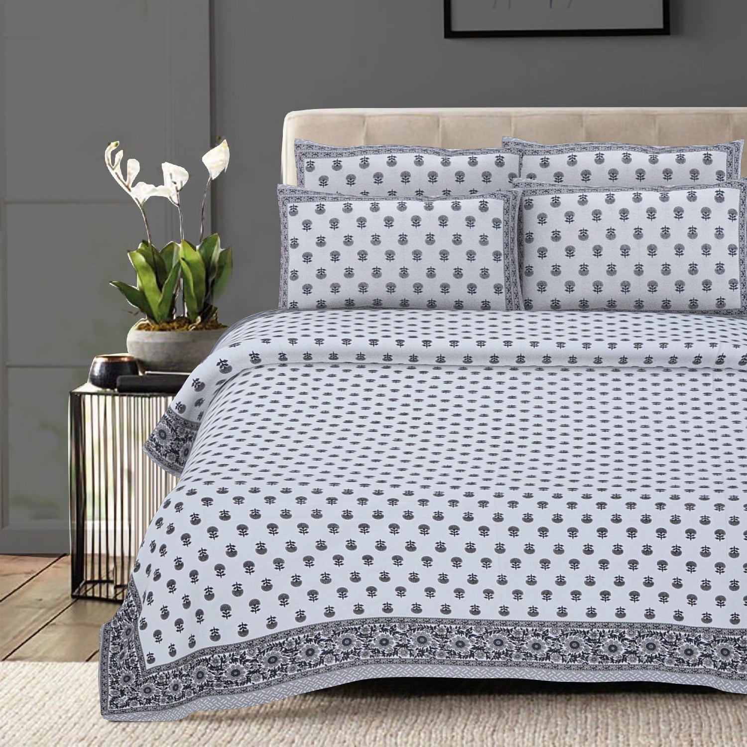 Rudra Bazaar Grey 210 TC Cotton Double King Bedsheet With 2 Pillow Covers - Distacart