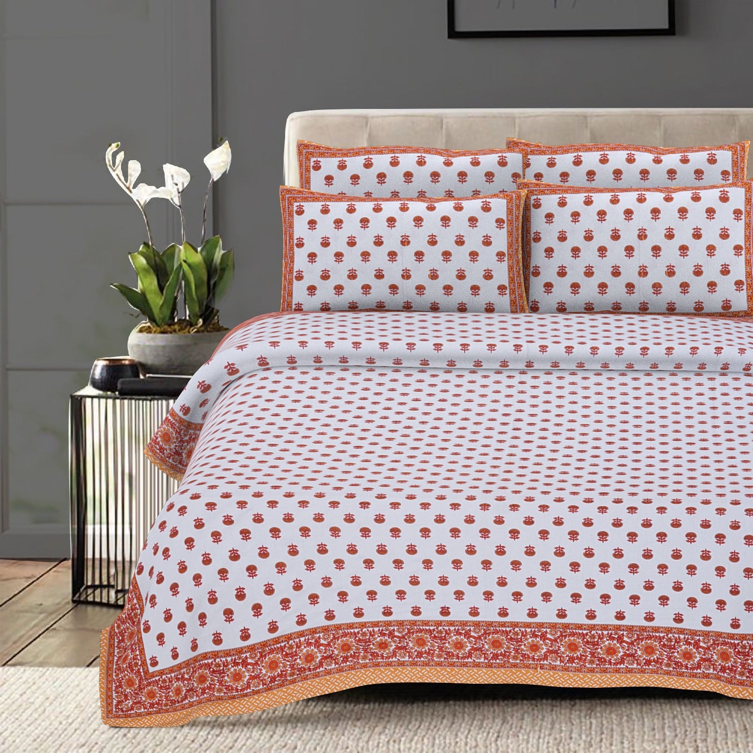 Rudra Bazaar Orange 210 TC Cotton Double King Bedsheet With 2 Pillow Covers - Distacart