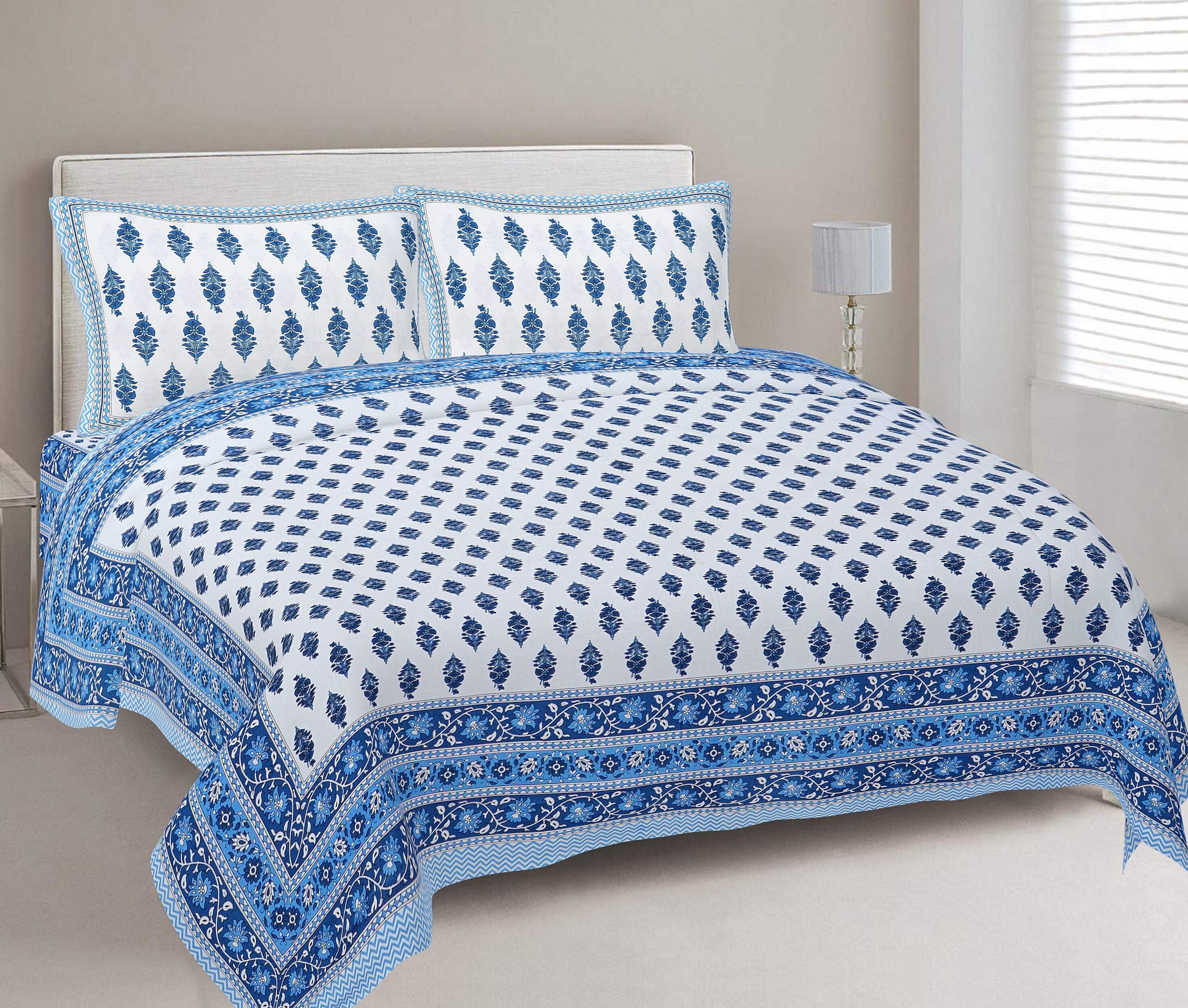 Rudra Bazaar Blue 210 TC Cotton Double King Bedsheet With 2 Pillow Covers - Distacart