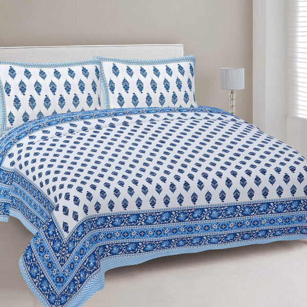 Rudra Bazaar Blue 210 TC Cotton Double King Bedsheet With 2 Pillow Covers - Distacart