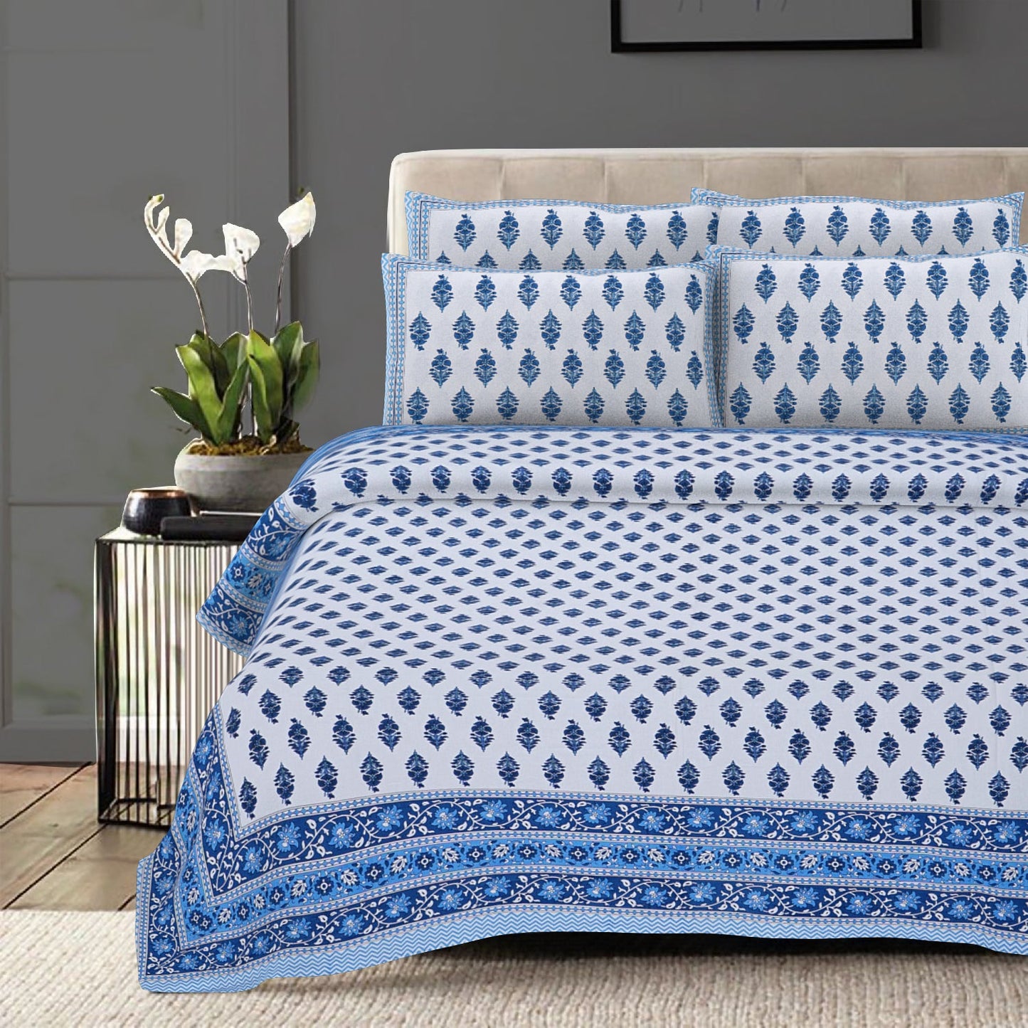 Rudra Bazaar Blue 210 TC Cotton Double King Bedsheet With 2 Pillow Covers - Distacart