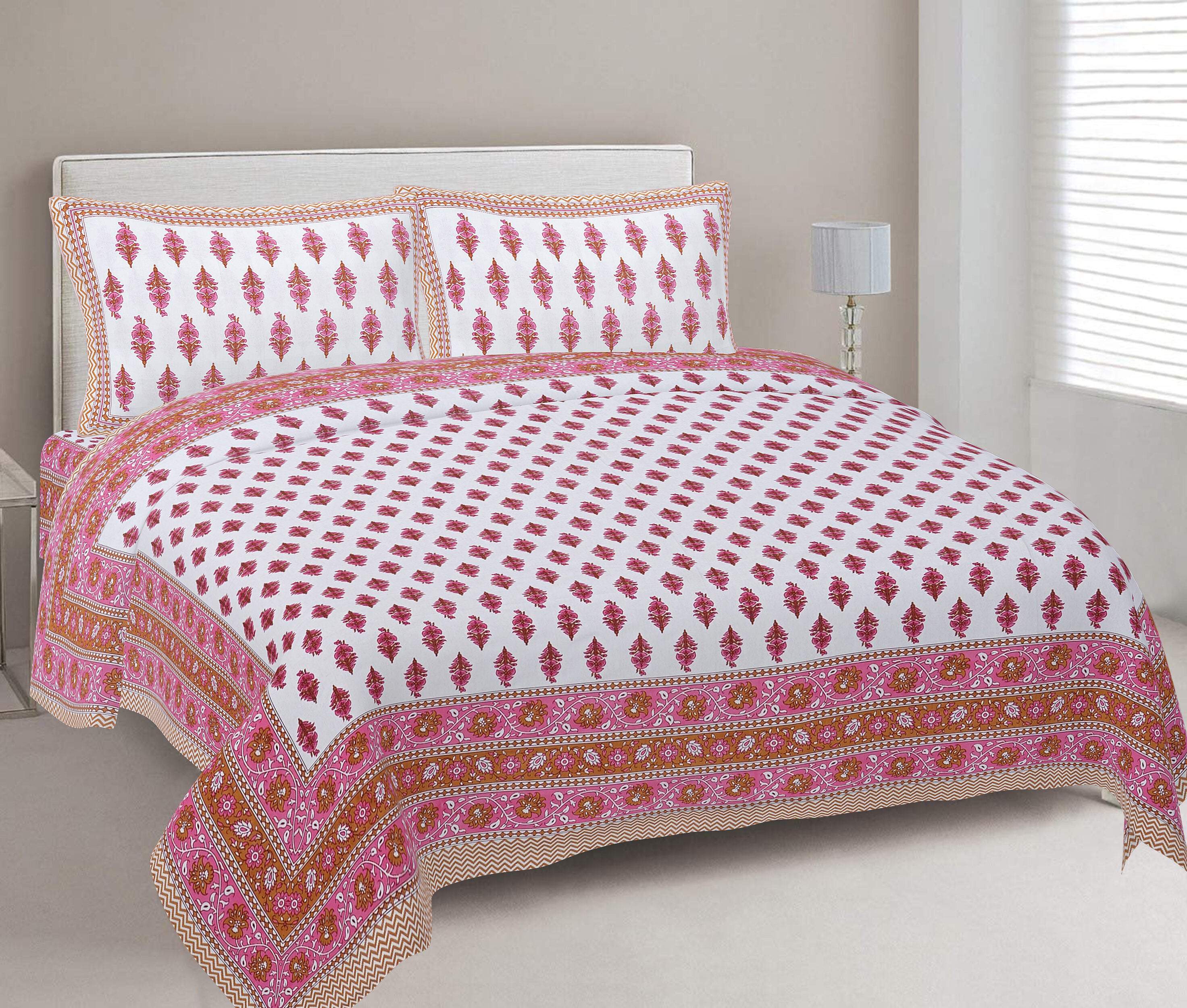 Rudra Bazaar Pink 210 TC Cotton Double King Bedsheet With 2 Pillow Covers - Distacart