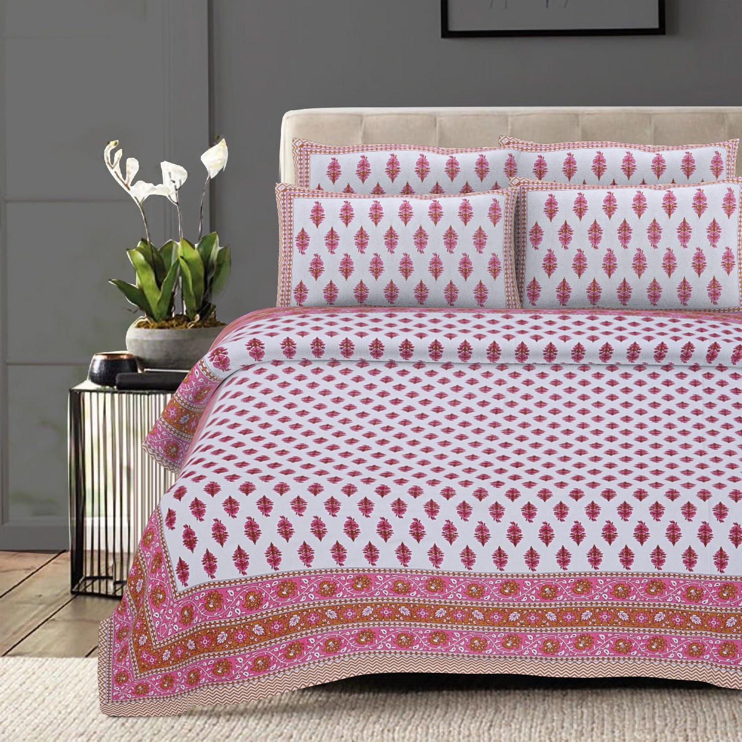 Rudra Bazaar Pink 210 TC Cotton Double King Bedsheet With 2 Pillow Covers - Distacart