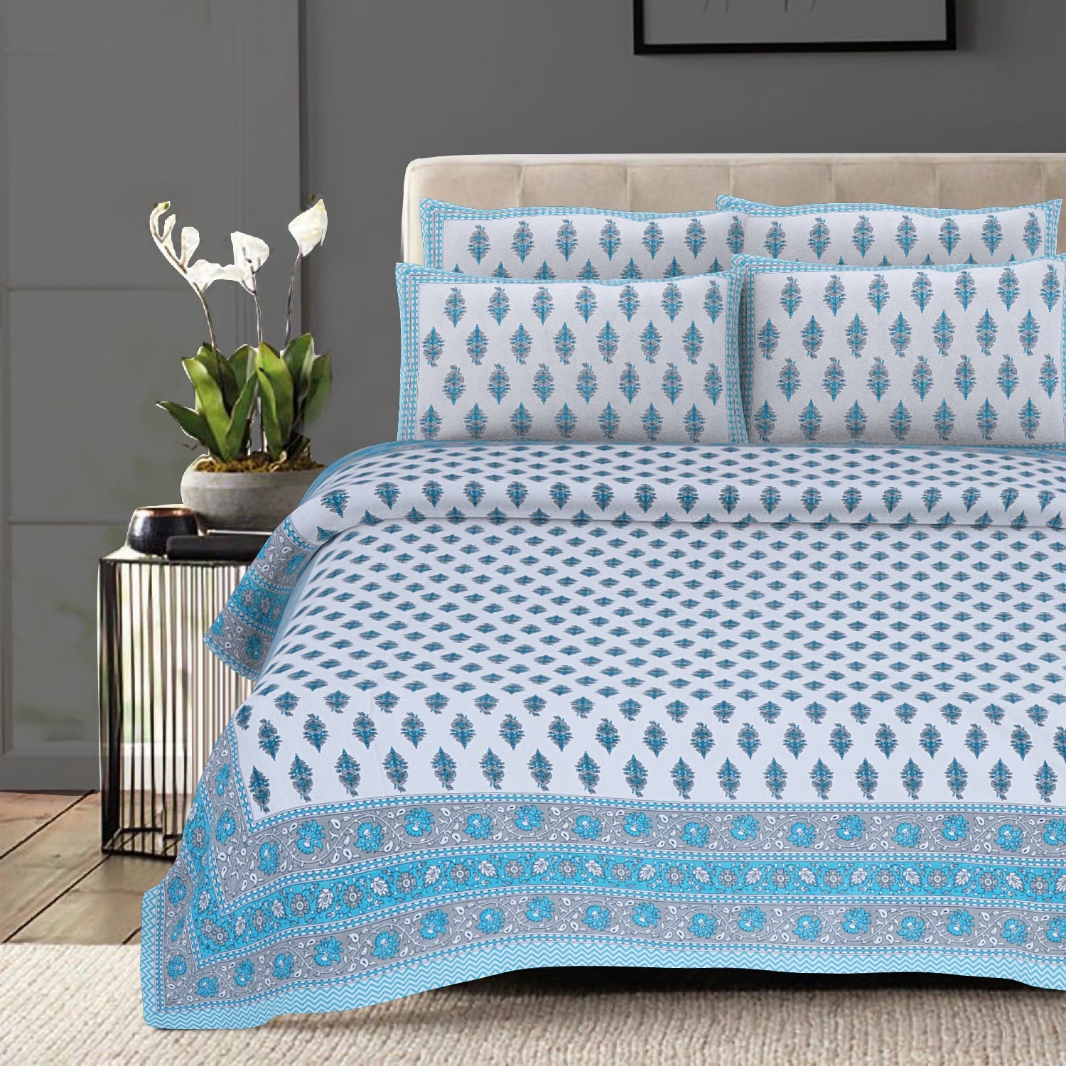 Rudra Bazaar Turquoise Blue 210 TC Cotton Double King Bedsheet With 2 Pillow Covers - Distacart