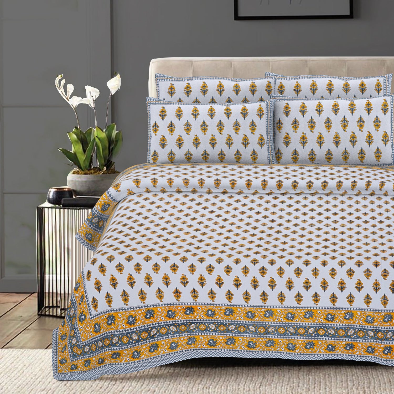 Rudra Bazaar Yellow 210 TC Cotton Double King Bedsheet With 2 Pillow Covers - Distacart