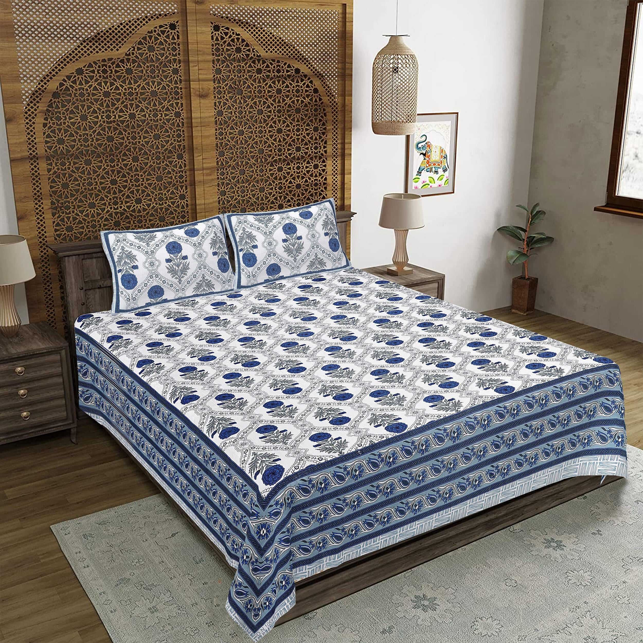Rudra Bazaar Blue 210 TC Cotton Double King Bedsheet With 2 Pillow Covers - Distacart
