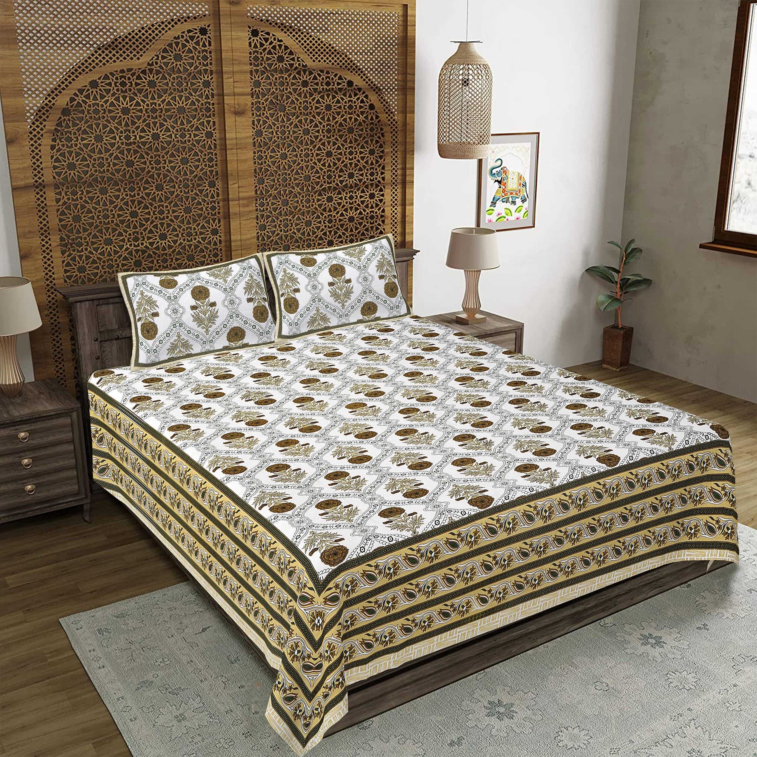 Rudra Bazaar Green 210 TC Cotton Double King Bedsheet With 2 Pillow Covers - Distacart